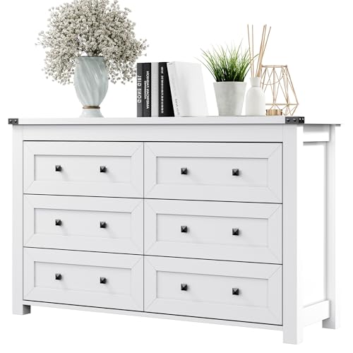 Dresser for Bedroom with 6 Drawers, Farmhouse Wood Chest of Drawers, Wide TV Stand Closet Storage Furniture with Metal Handle, Modern Clothes Organizer for Hallway, Living Room, Entryway, Black