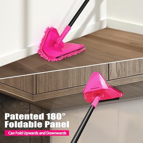 JEHONN Wall Mop with Long Handle 80 inches, Upgraded 180° Collapsible Baseboard Cleaner Tool with Squeegee, Ceiling Duster with 3 Microfiber and 3 Chenille Pads for Cleaning Window, Cabinet (Rose Red)