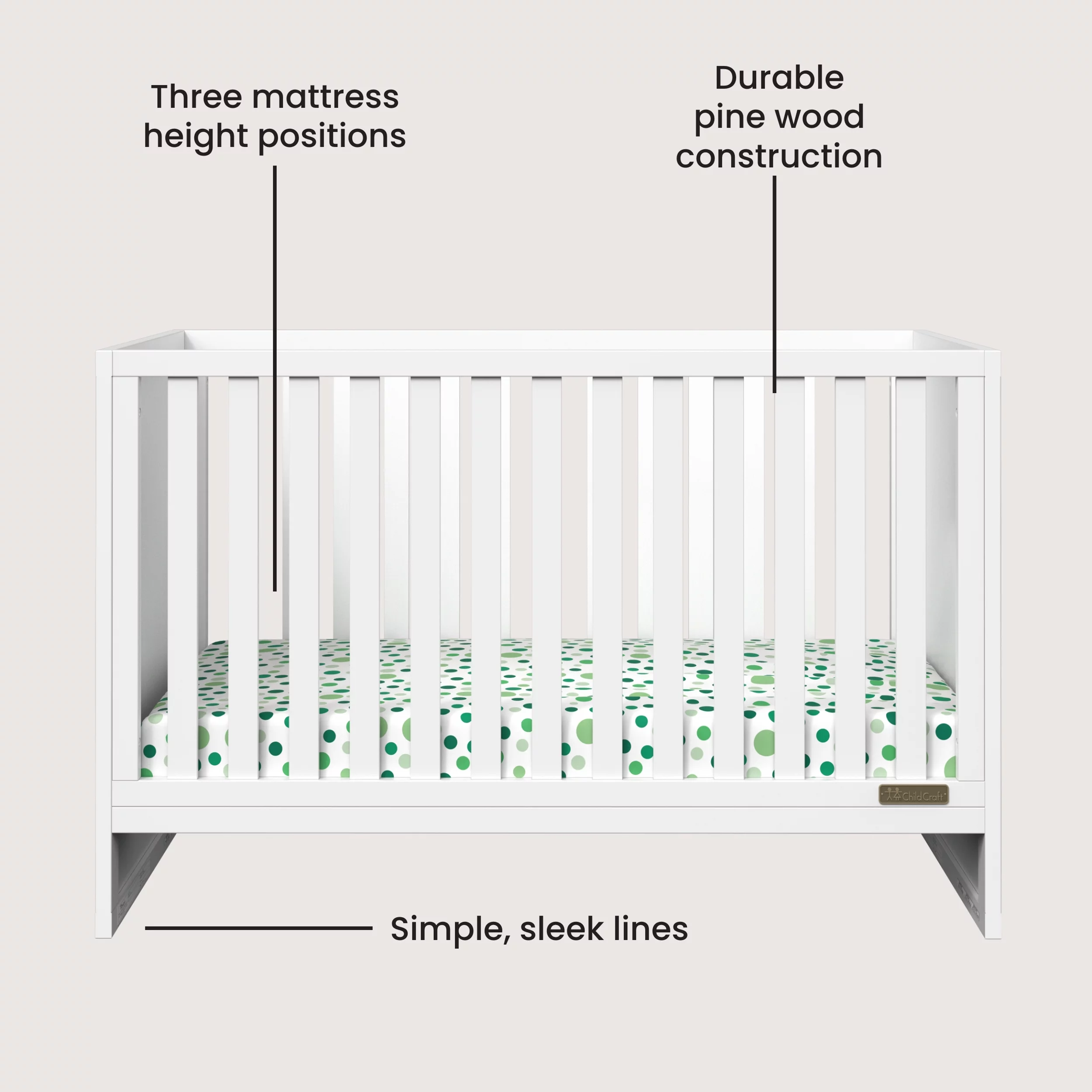 Child Craft Orbit Crib, Dresser and Chest Nursery Set, 3-Piece, Includes 4-in-1 Convertible Crib, Dresser and Chest, Grows with Your Baby (Matte White)