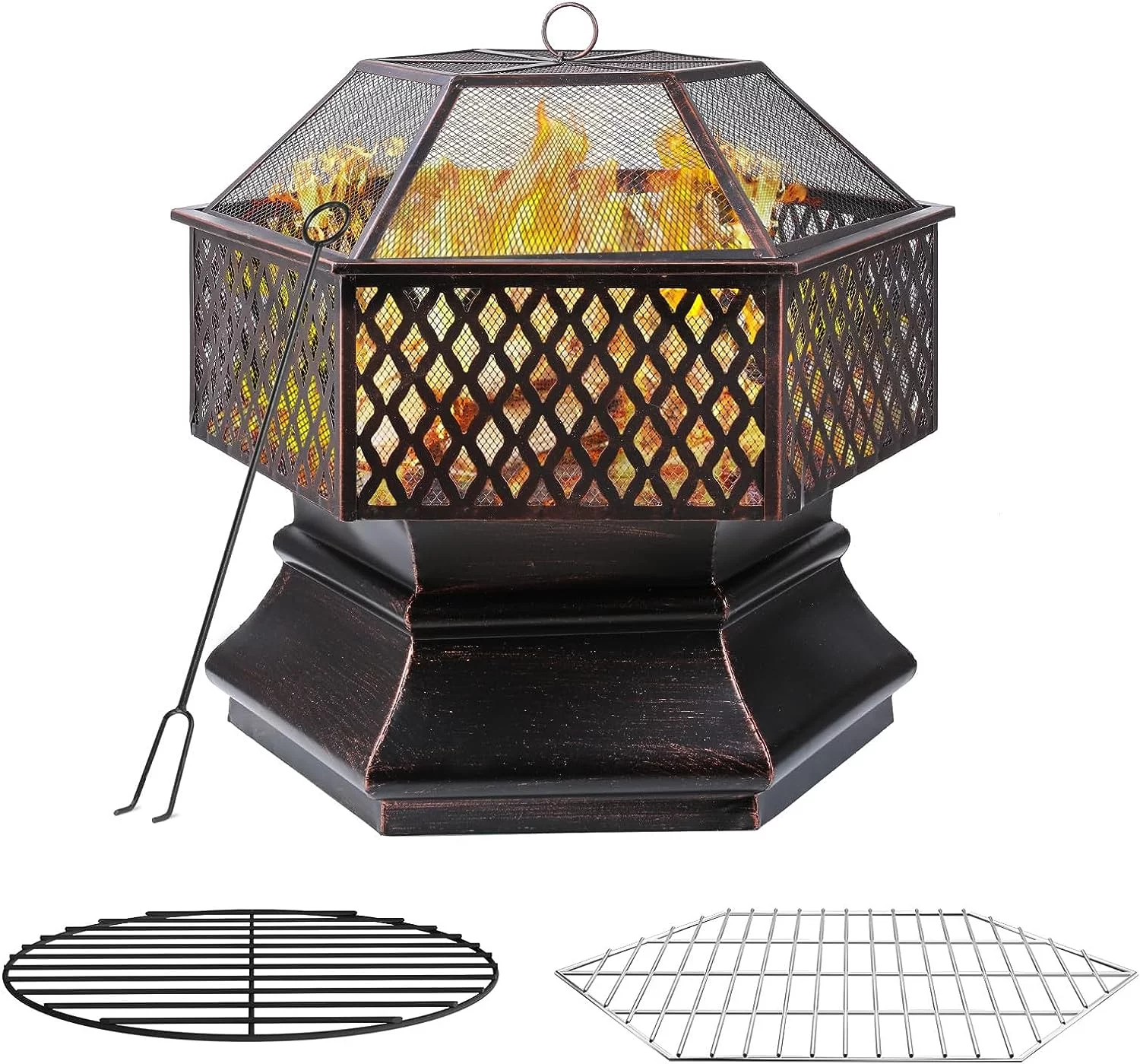 Arlopu 28'' Hex Shaped Steel Fire Pit for Outside, Wood Burning Fireplace Fire Bowl with Spark Screen & Fire Poker for Patio, Backyard, Camping, Picnic, Bonfire