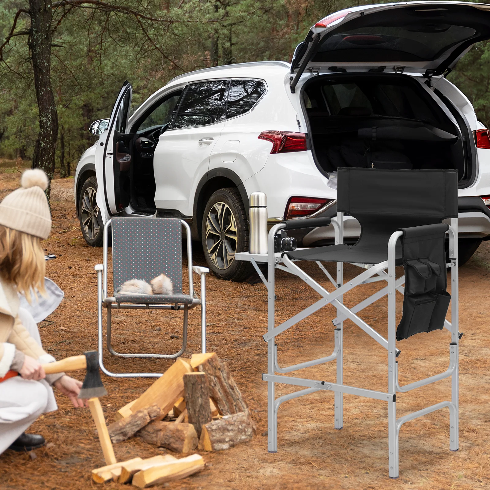 MoNiBloom Folding Camping Director Chair with Side Table & Storage Pocket, for Adult Beach, Fishing Trip Picnic Lawn Concert Outdoor, Black