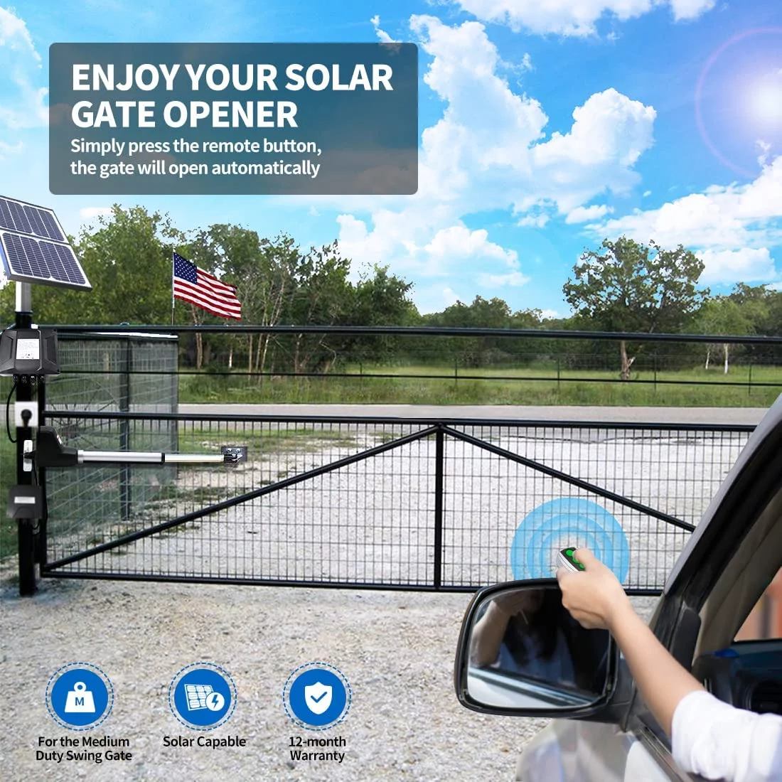 TOPENS AT6131S Solar Single Swing Gate Opener Medium Duty Automatic Gate Motor for Single Swing Gates Up to 18ft, Electric Driveway Gate Operator AC Powered with Solar Panel Remote Control Kit