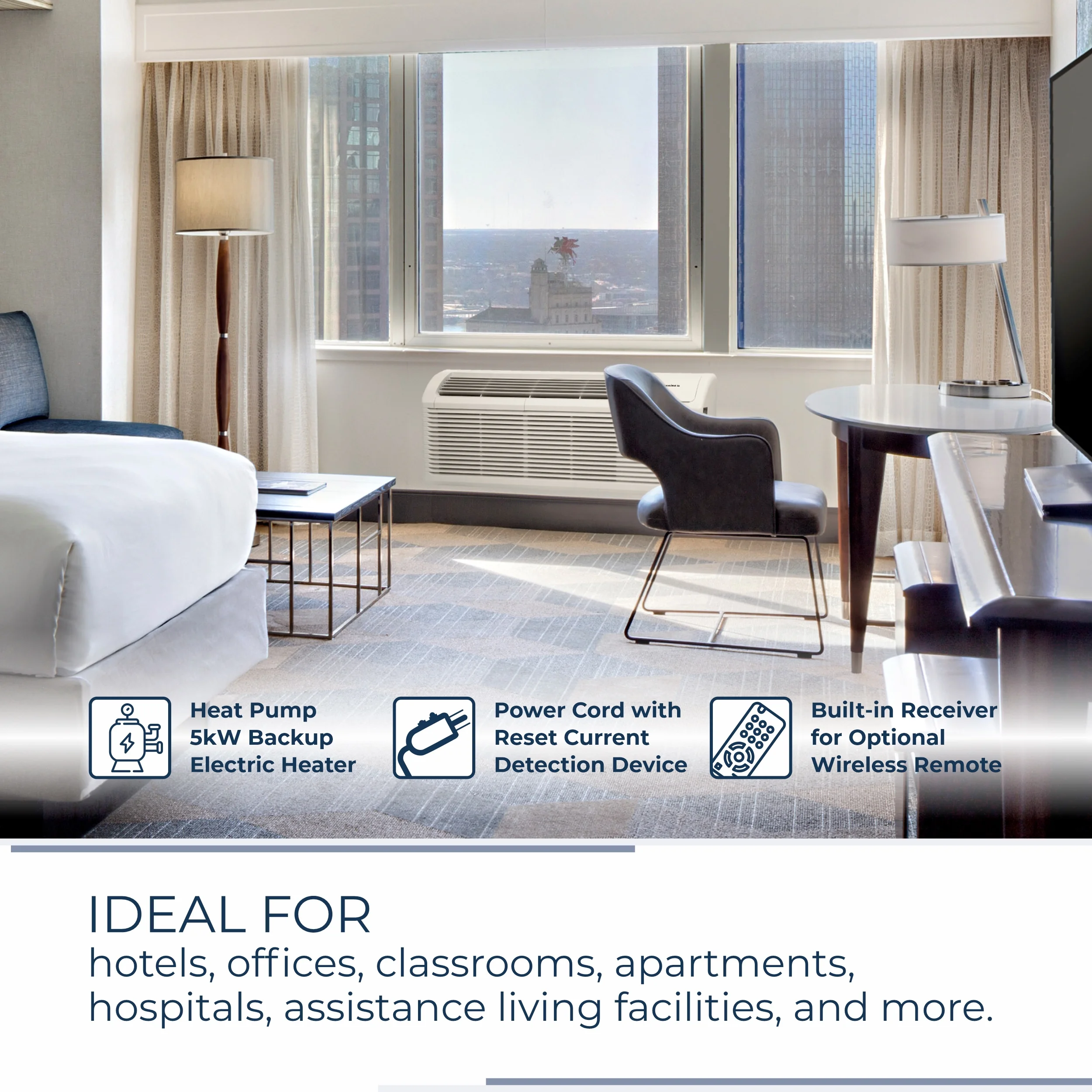 Klimaire PTAC 15,000 Btu Air Conditioner Heat Pump with Remote Control & 5 kW Electric Heater -230V