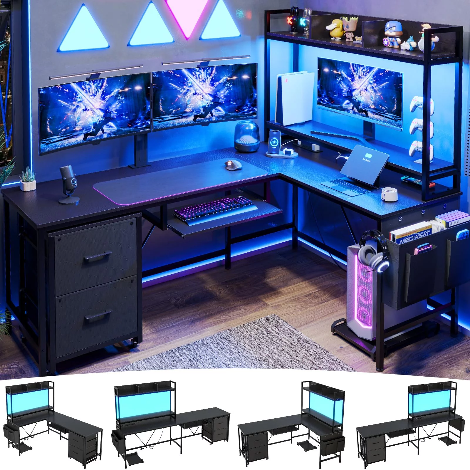L Shaped Computer Desk with Power Outlet and LED Strip, Reversible Corner Gaming Desk with 2 Drawer and Keyboard Tray, Black
