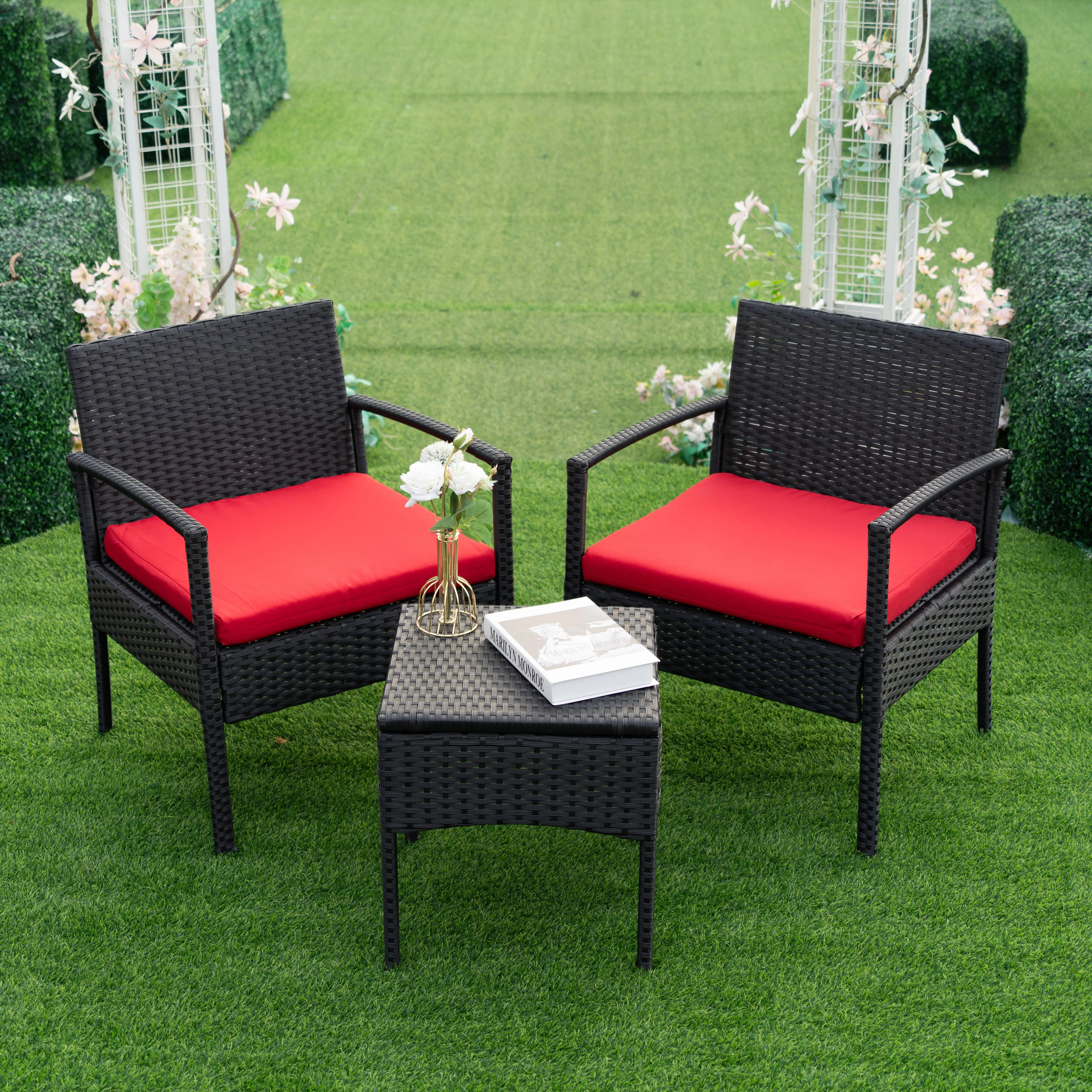 Tappio Outdoor Furniture 3 Piece Patio Bistro Furniture Set, Rattan Conversation Chairs Set with Side Table and Cushions, Patio Furniture Sets for Balcony Garden Porch, Red
