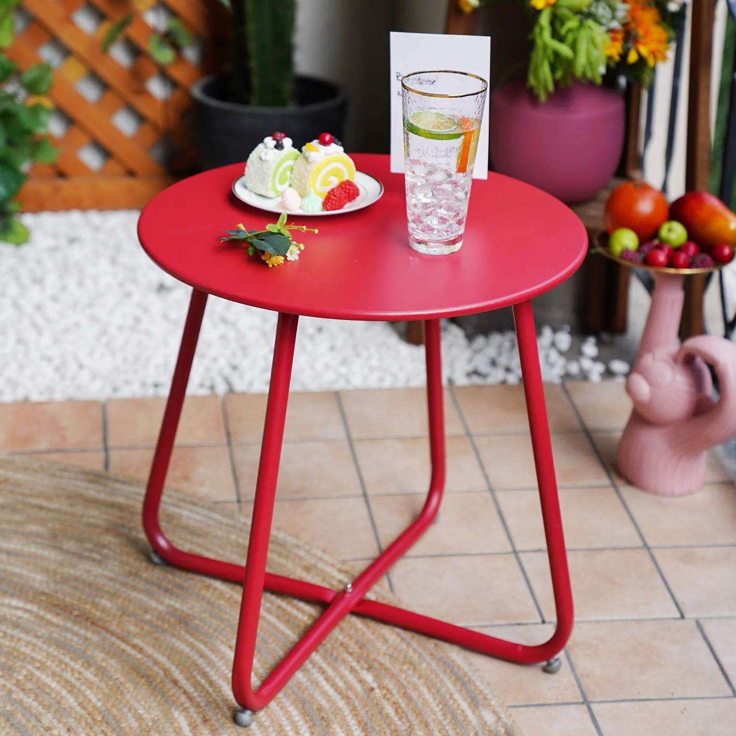 Grand Patio Outdoor&Indoor Steel Patio Side Table, Weather Resistant Outdoor Small Round End Table for Patio, Yard, Balcony, Garden, Living Room, Bedroom, Red