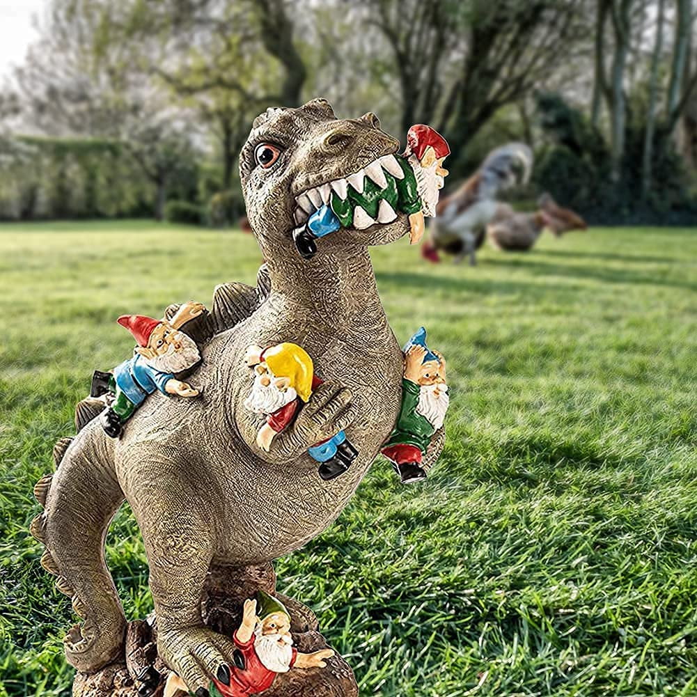 M.A.K Dinosaur Eating Gnomes Garden Decor, Art for Garden Decor, Outdoor Statue for Patio, Lawn, Yard Art Decoration, Housewarming Garden Gift