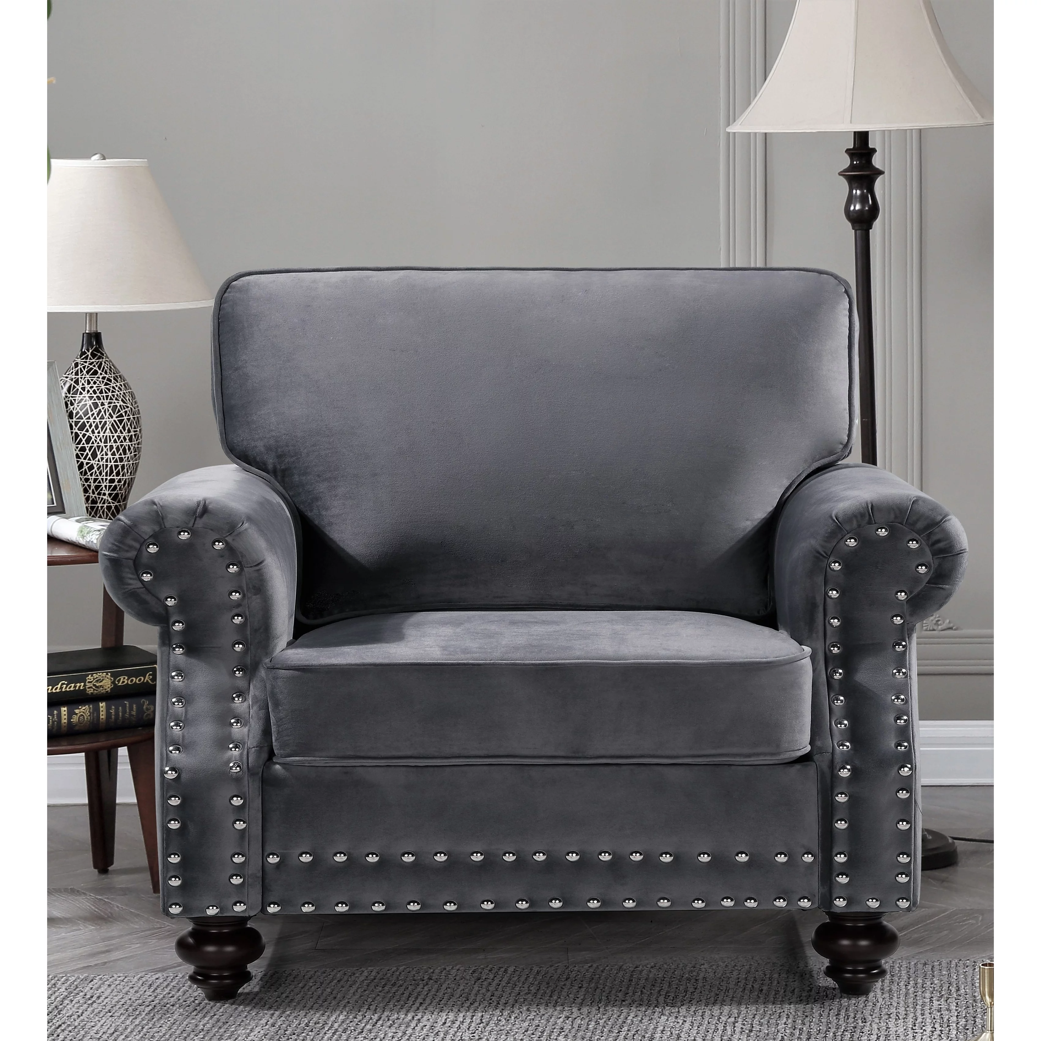 US Pride Furniture Ramos Nailhead Velvet Chair Grey