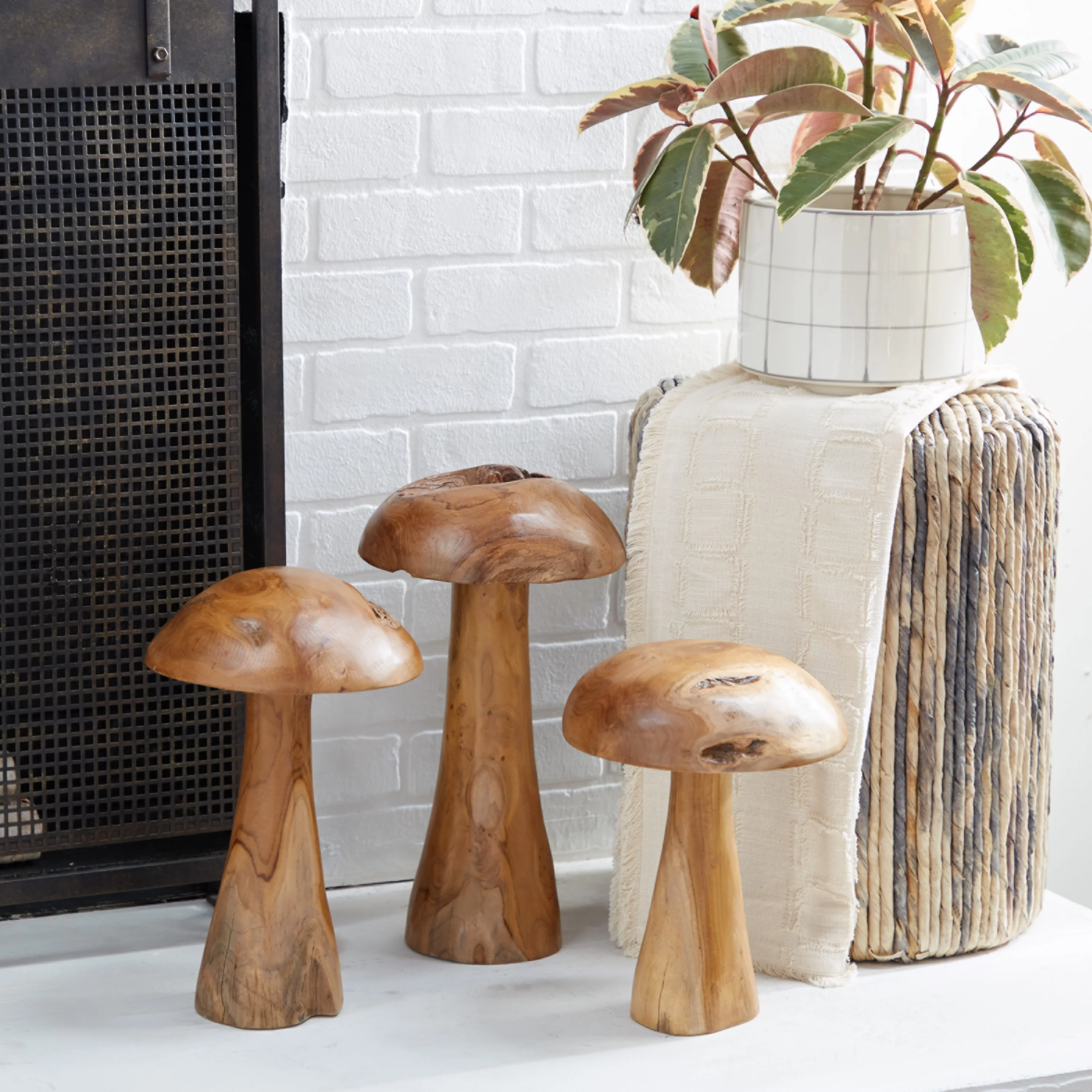 DecMode Contemporary Brown Wood Mushroom Sculpture with Golden Brown/Beige Finish, Set of 3 16