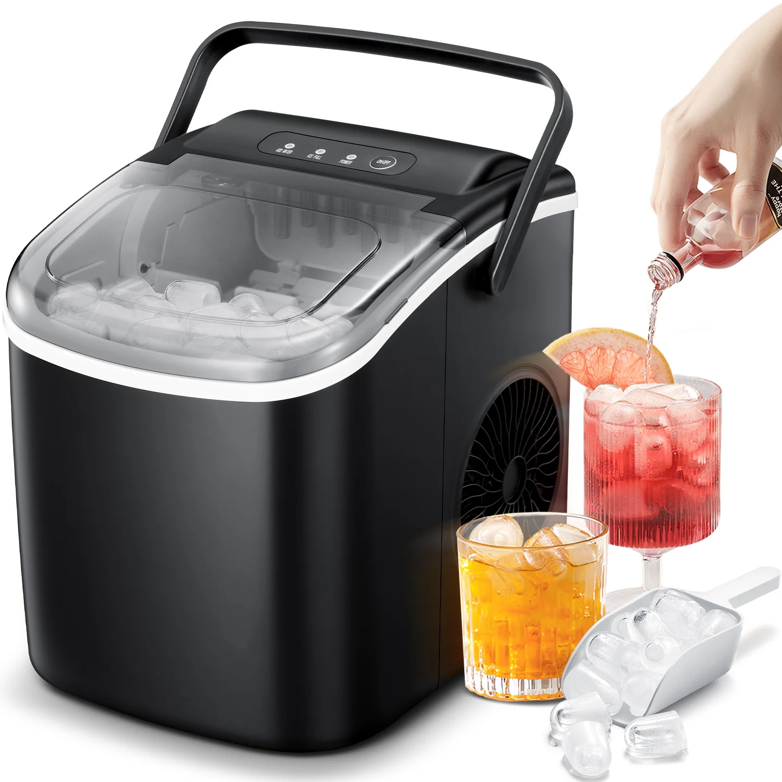 KISSAIR Countertop Ice Maker, Self-Cleaning Portable Ice Maker Machine with Handle, 9 Bullet-Shaped Ice Cubes Ready in 6 Mins, 26Lbs/24H with Ice Scoop and Basket for Home/Kitchen/Party