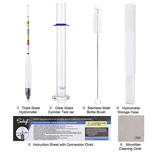 SOLIGT Triple Scale Hydrometer and Glass Test Jar for Wine, Beer, Mead & Cider - ABV, Brix and Gravity Test Kit