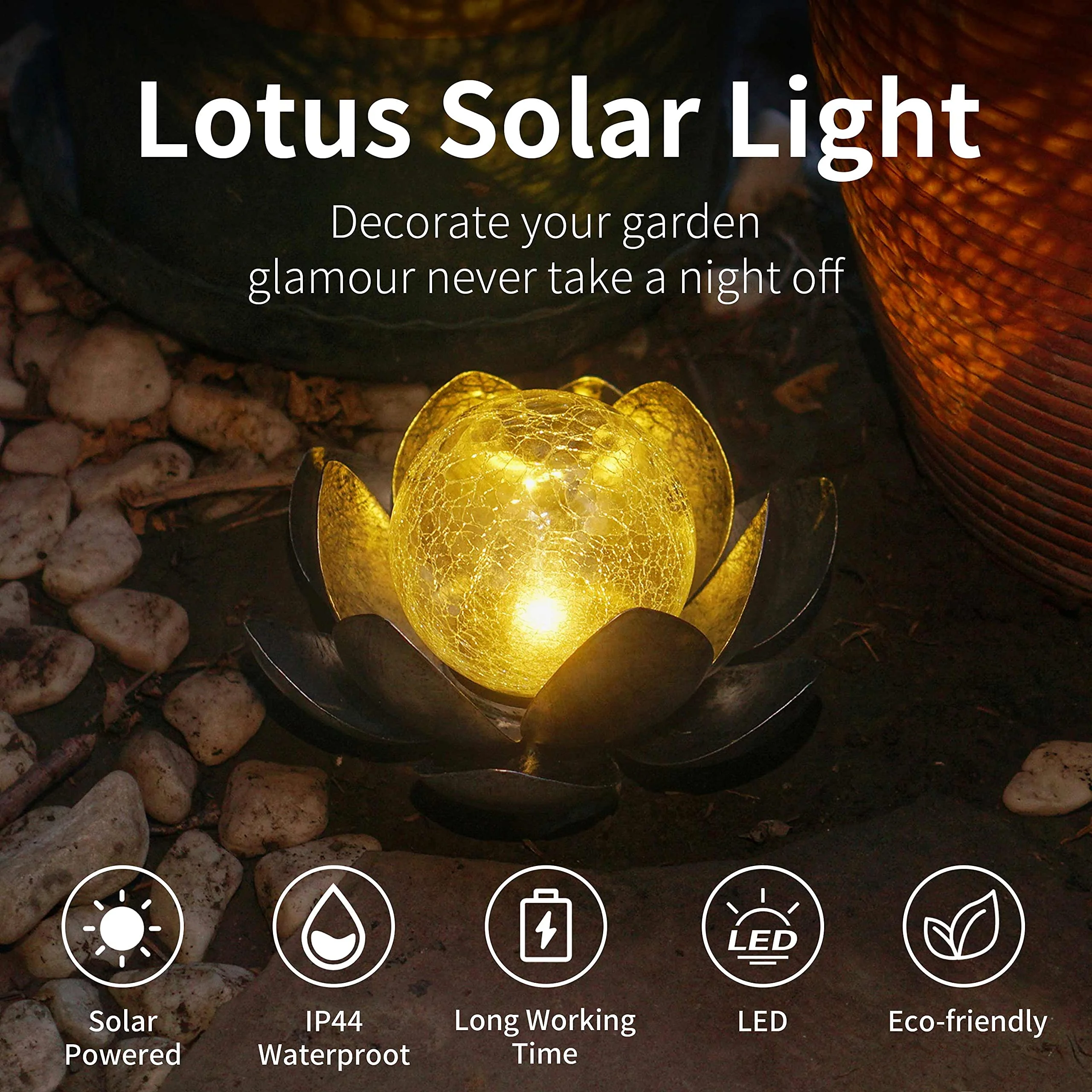 Decorman Solar Garden Lights Outdoor, Crackle Globe Glass Lotus Decoration, Waterproof Metal LED Flower Lights for Yard, Patio, Lawn, Pathway, Tabletop (1 Pack, Black)