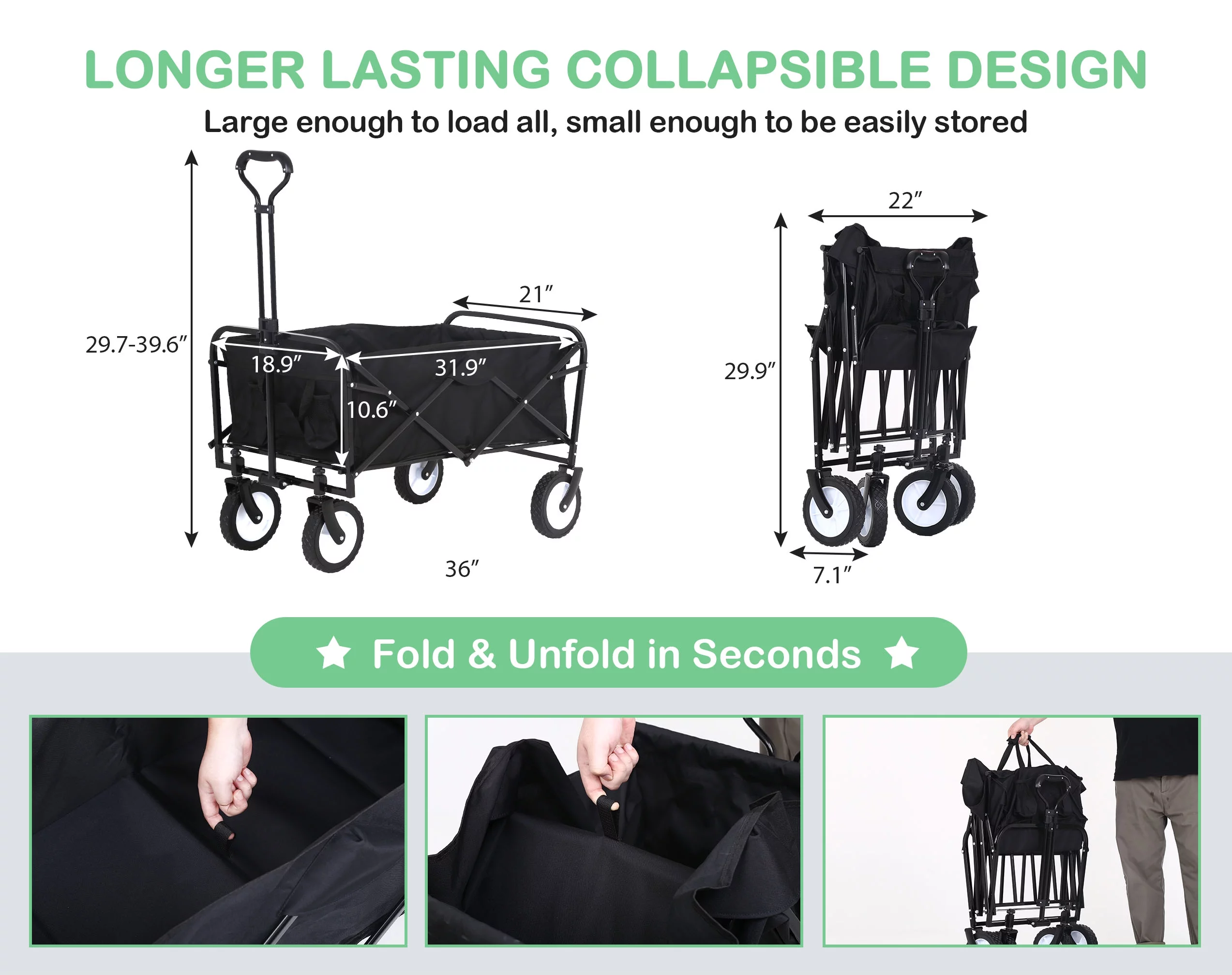 YRLLENSDAN Collapsible Folding Wagon Garden Carts with Wheels Beach Wagon Grocery Wagon All-Terrain Wheels Garden Grocery Wagon (Black)