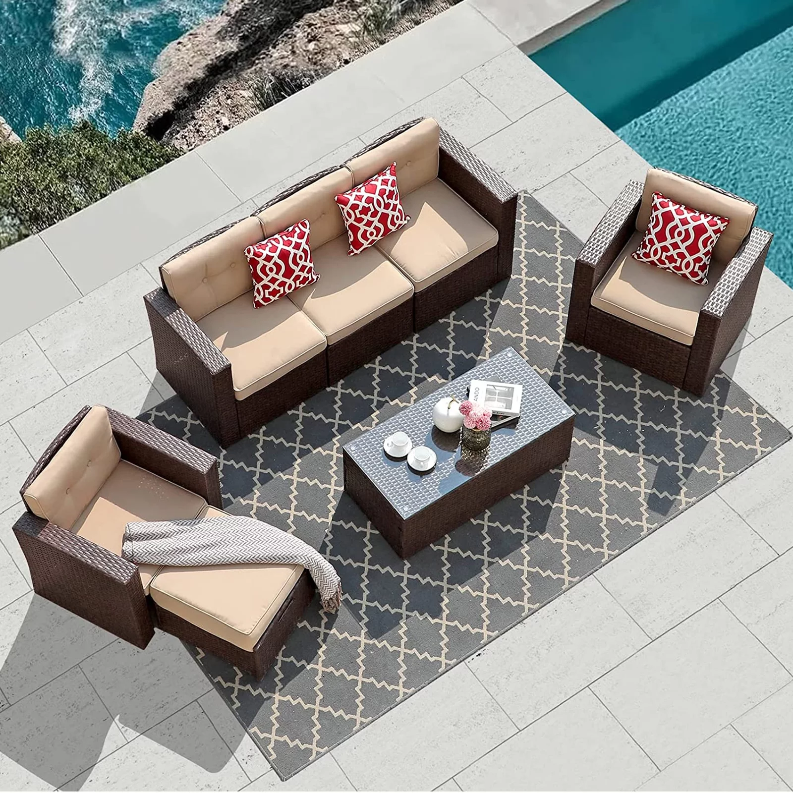 JOIVI 7 Pieces Patio Furniture Set, Outdoor Sectional Rattan Sofa Conversation Set with Beige Cushions and Red Pillow for Outside Garden, Deck, Yard