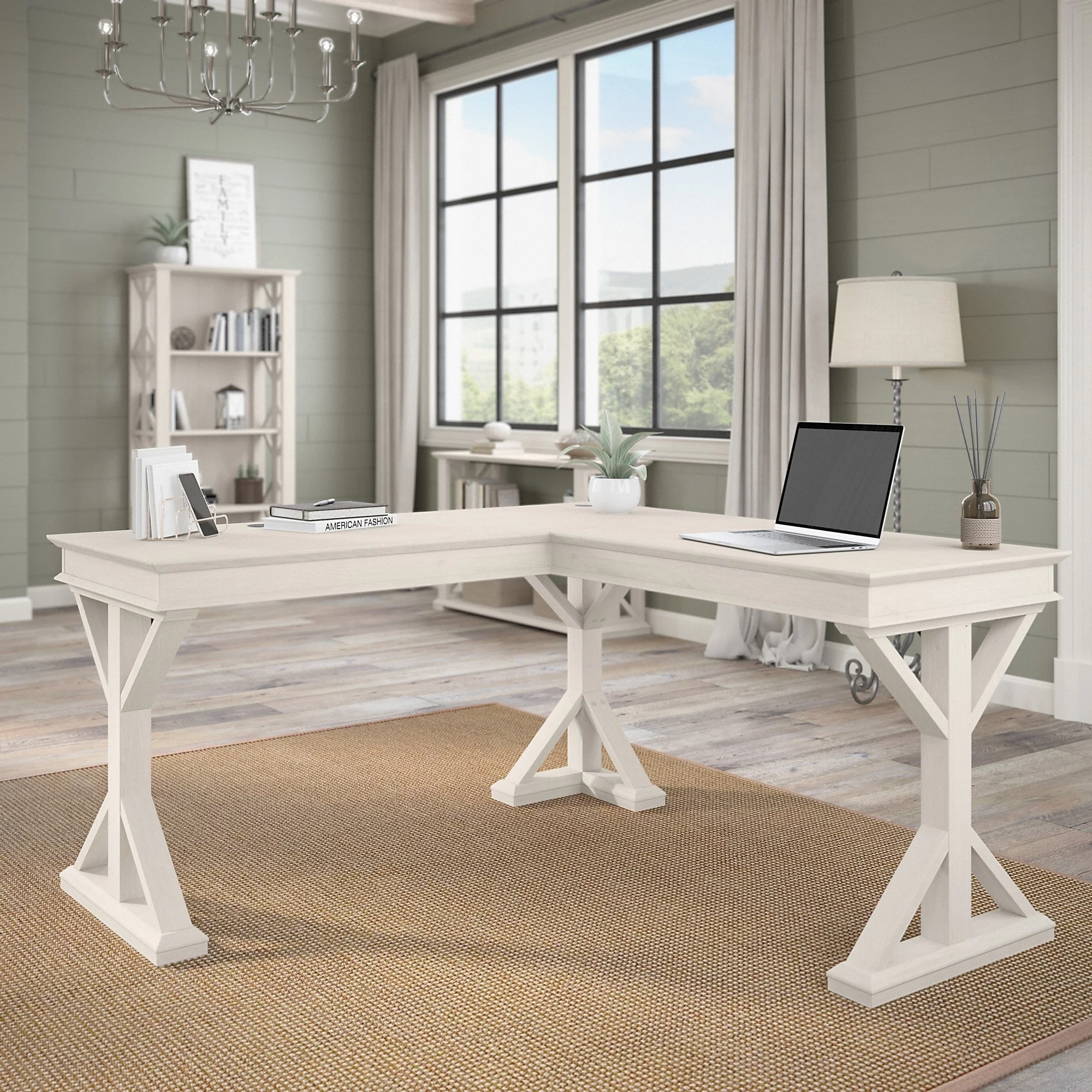 Homestead 60W Farmhouse L Shaped Desk in Linen White Oak - Engineered Wood