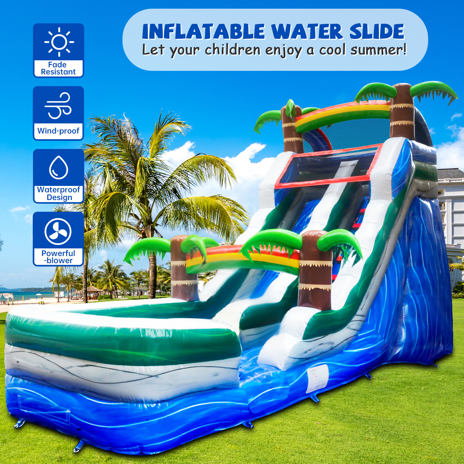 GOOSH 16 ft Palm Tree Inflatable Water Slide with Air Blower, Kids Blow Up Water Slide, Outdoor Commercial Water Slide-Climbing Wall, Slides & Splash Pool