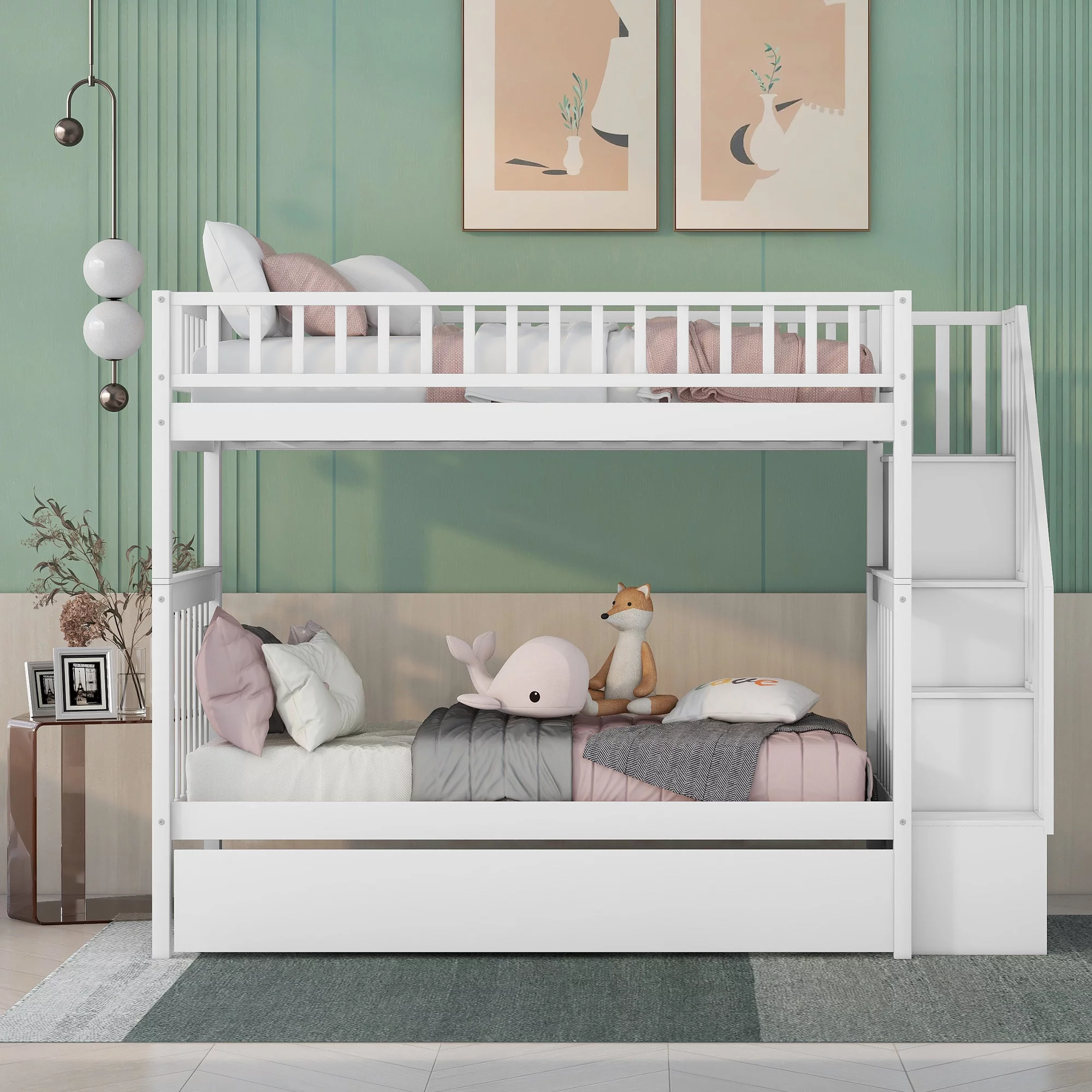 Bellemave Wood Twin over Twin Bunk Bed with Trundle, Storage Stairs - Separate into 2 Twin Beds - Modern, Space-Saving Design for 3 Kids - White