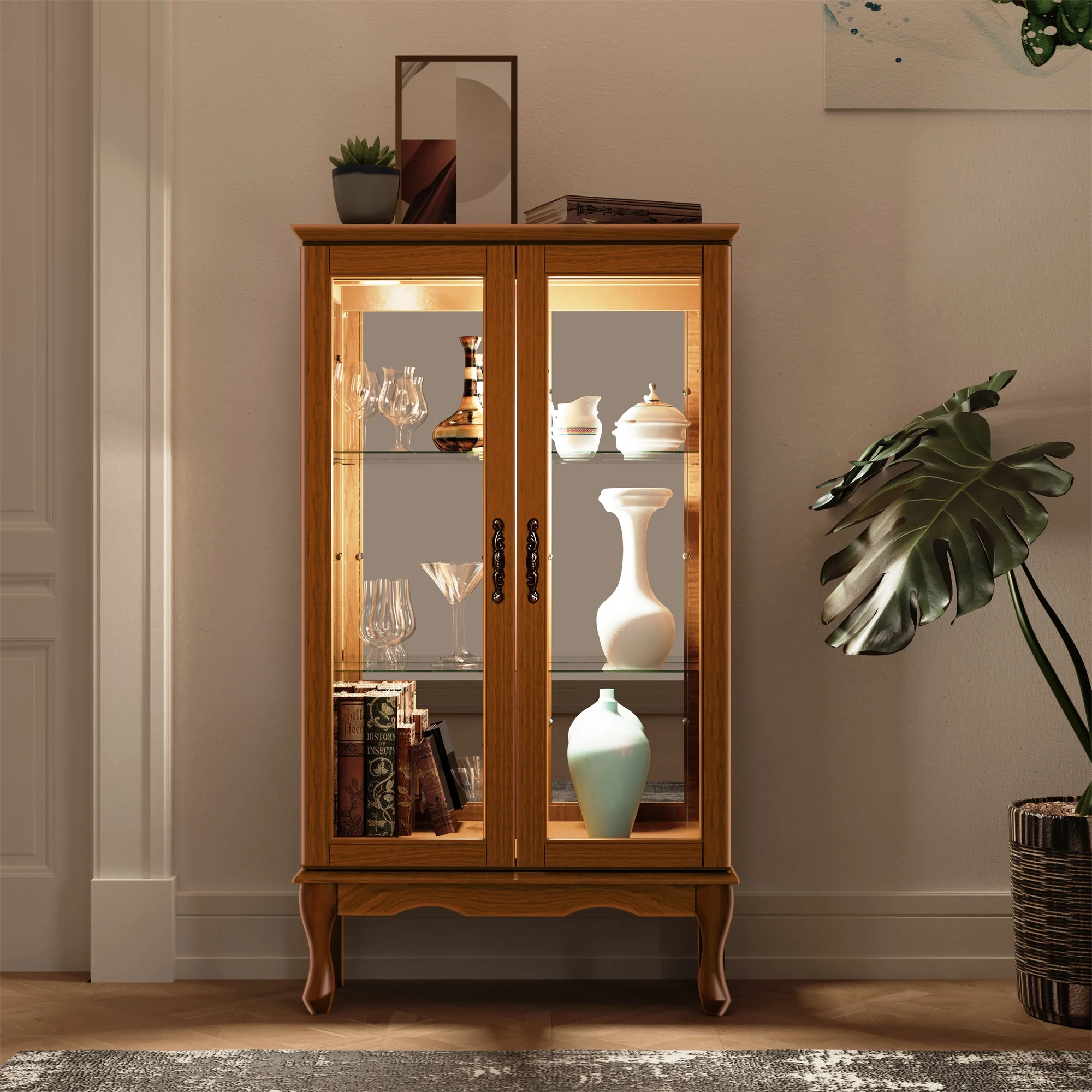 Ufurpie 3 Tier Lighted Curio Display Cabinet with Adjustable Shelves and Tempered Glass Doors,Wooden China Storage Cabinet,Oak