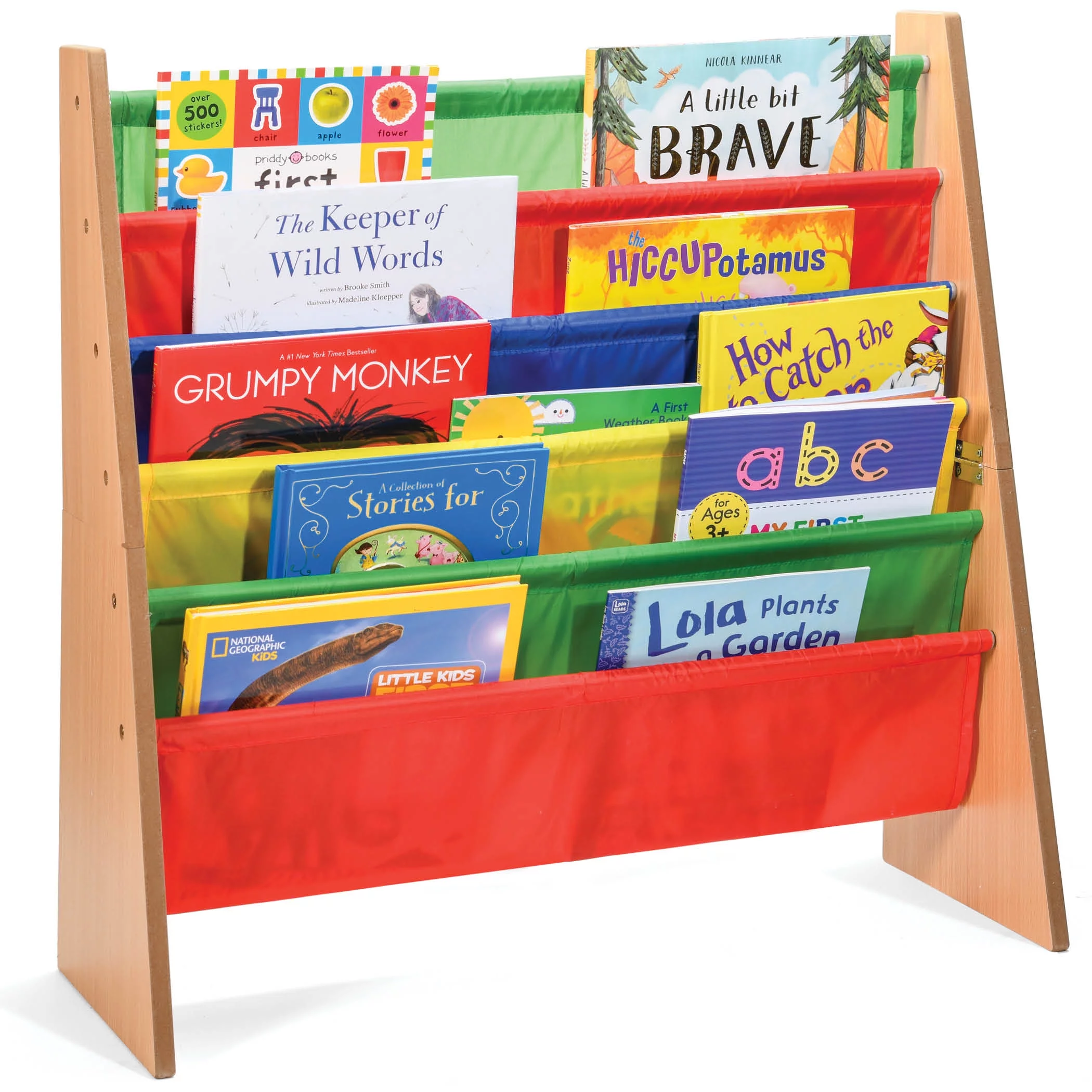 Kids Bookshelf Organizer with 5 Multicolored Nylon Shelves - Wooden Kids Bookcase with 5 Shelves Book Orgnizer Storage & Magazine Rack