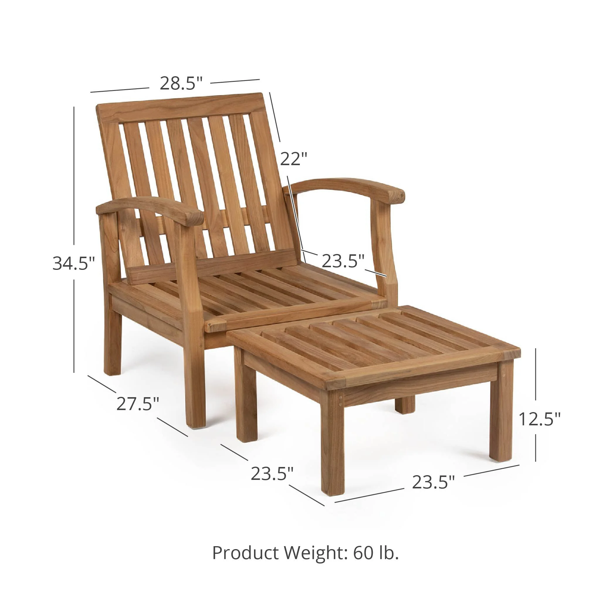 Ash & Ember Grade A Teak Sevilla Lounge Chair with Footstool, Square Back Arm Chair, Patio Lounge Chair for Deck, Porch, or Backyard Indoor Outdoor Use, Weather Resistant