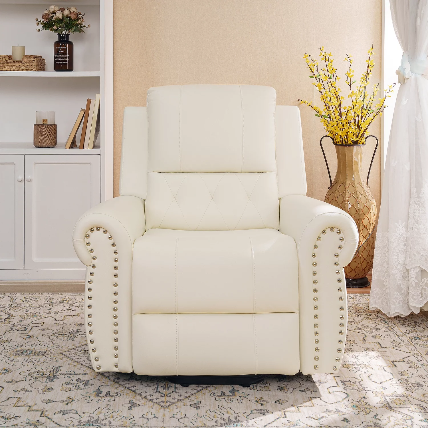 Tatiana Oversized Air Leather Power Lift Recliner Chair with Footrest. Reclining Chair with Remote Control, Premium Studded and Tufted Detailing, Side Pocket, Comfortable Power Lift Chair Cream