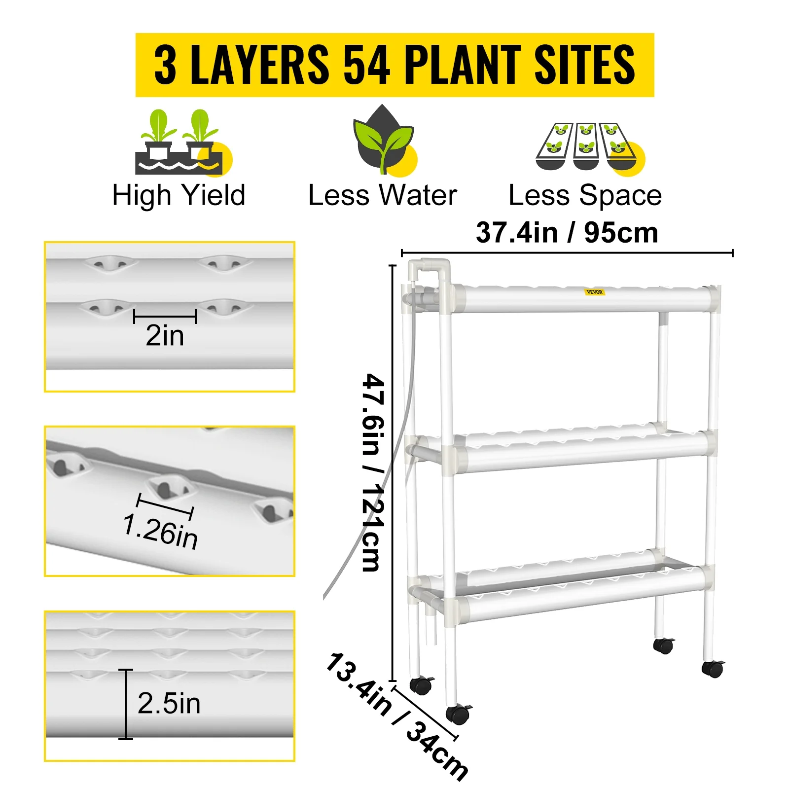 BENTISM Hydroponic Site Grow Kit 3 Layer 54 Plant Sites, 6 PVC Pipes Hydroponic Indoor Plant Growing System, Food-Grade Pipe Plant Grow Kit with Water Pump and Timer