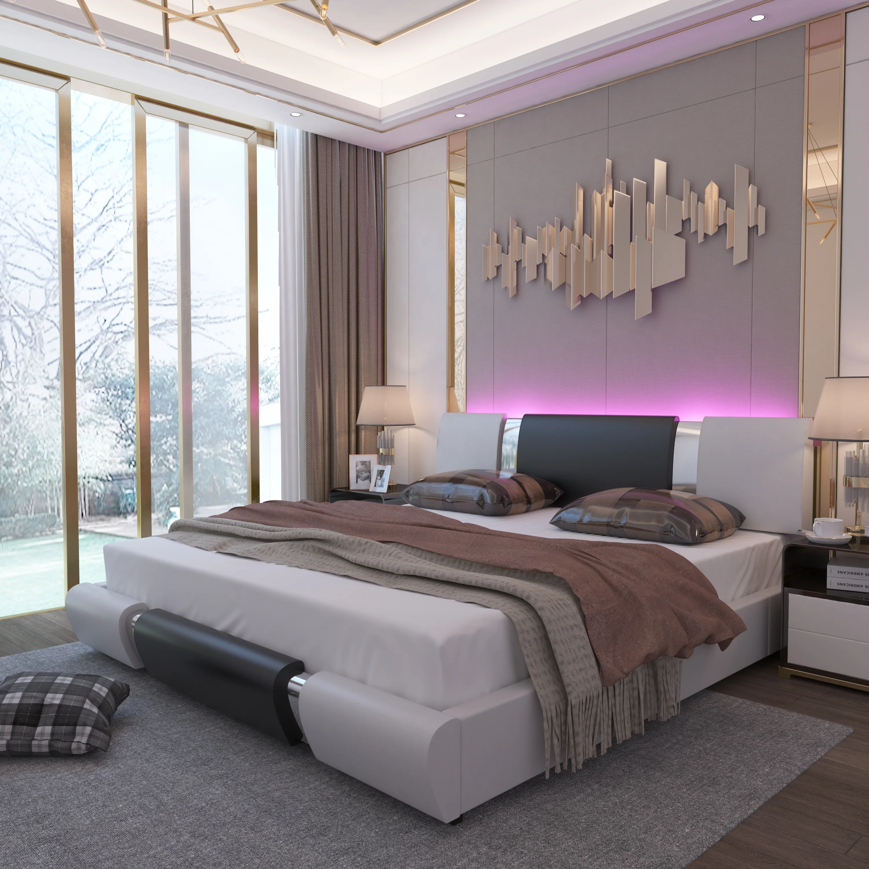 Kallabe King Size Modern Bed Frame with Led Light,Iron Pieces Decor and Faux Leather Headboard, Black & White