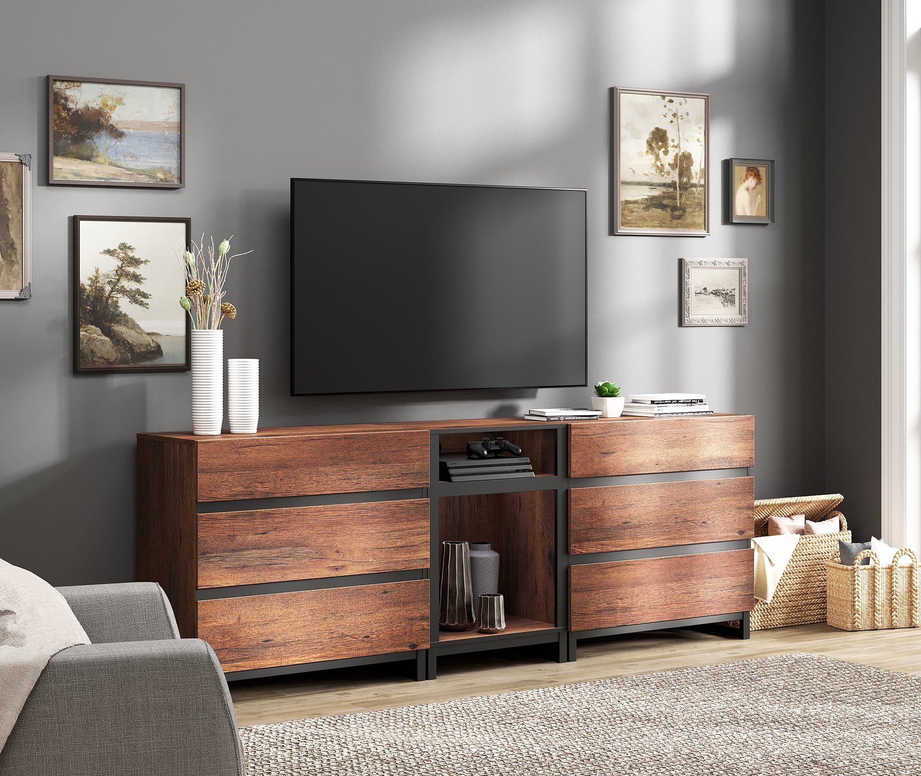 WAMPAT TV Stand for TVs up to 90 inch, 3 in 1 Modern Entertainment Center with LED Lights & 6 Storage Drawers, TV Console for Living Room,Brown