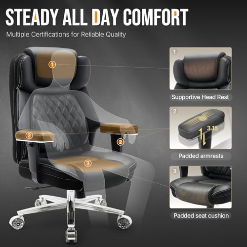 750lbs Big and Tall Office Chair,Heavy Duty Office Chairs,Executive Computer Desk Chair Work Chairs, Thick Padded Strong Metal Base Quiet Wheels, Ergonomic Design for Back Pain