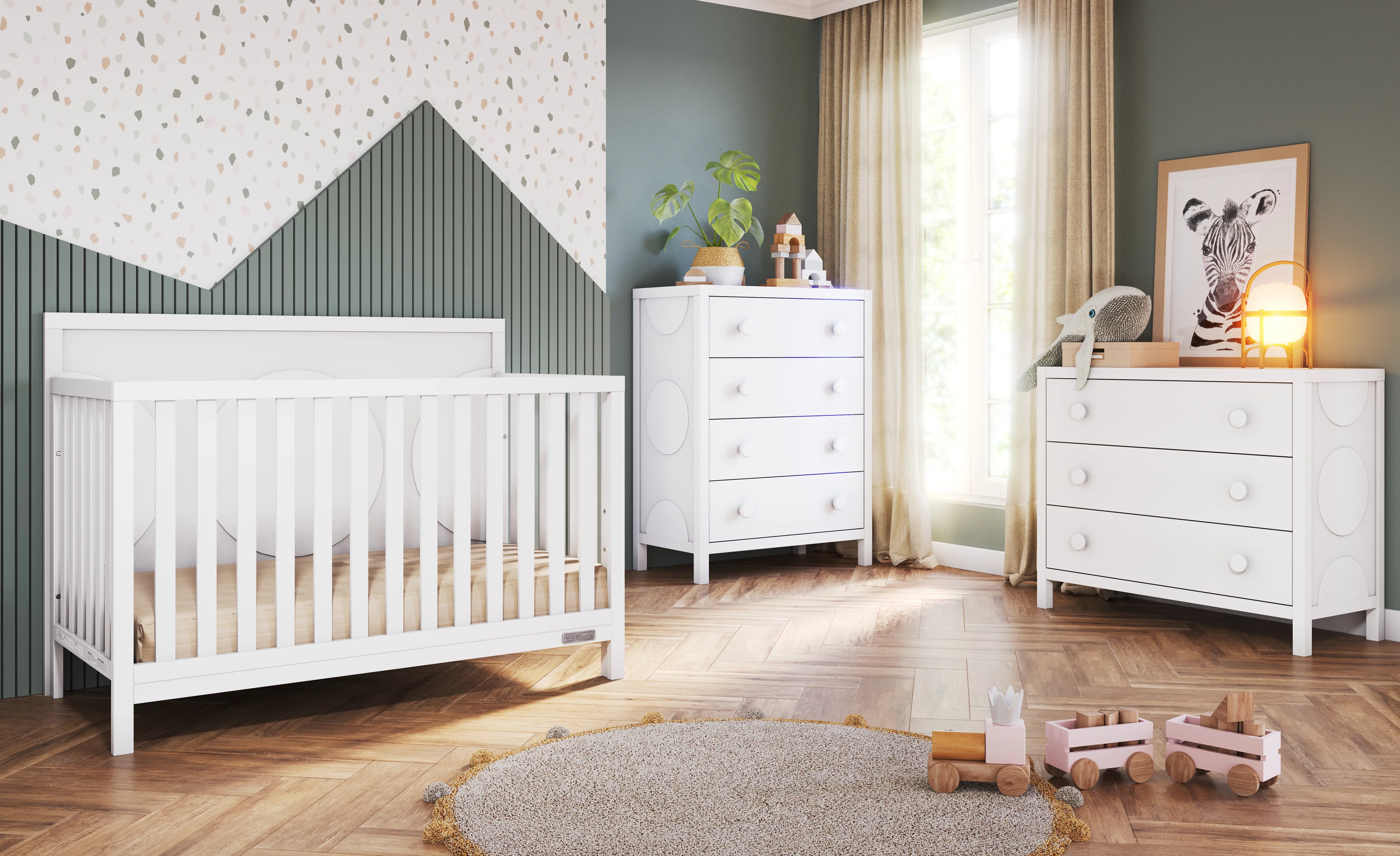 Child Craft Orbit Crib, Dresser and Chest Nursery Set, 3-Piece, Includes 4-in-1 Convertible Crib, Dresser and Chest, Grows with Your Baby (Matte White)