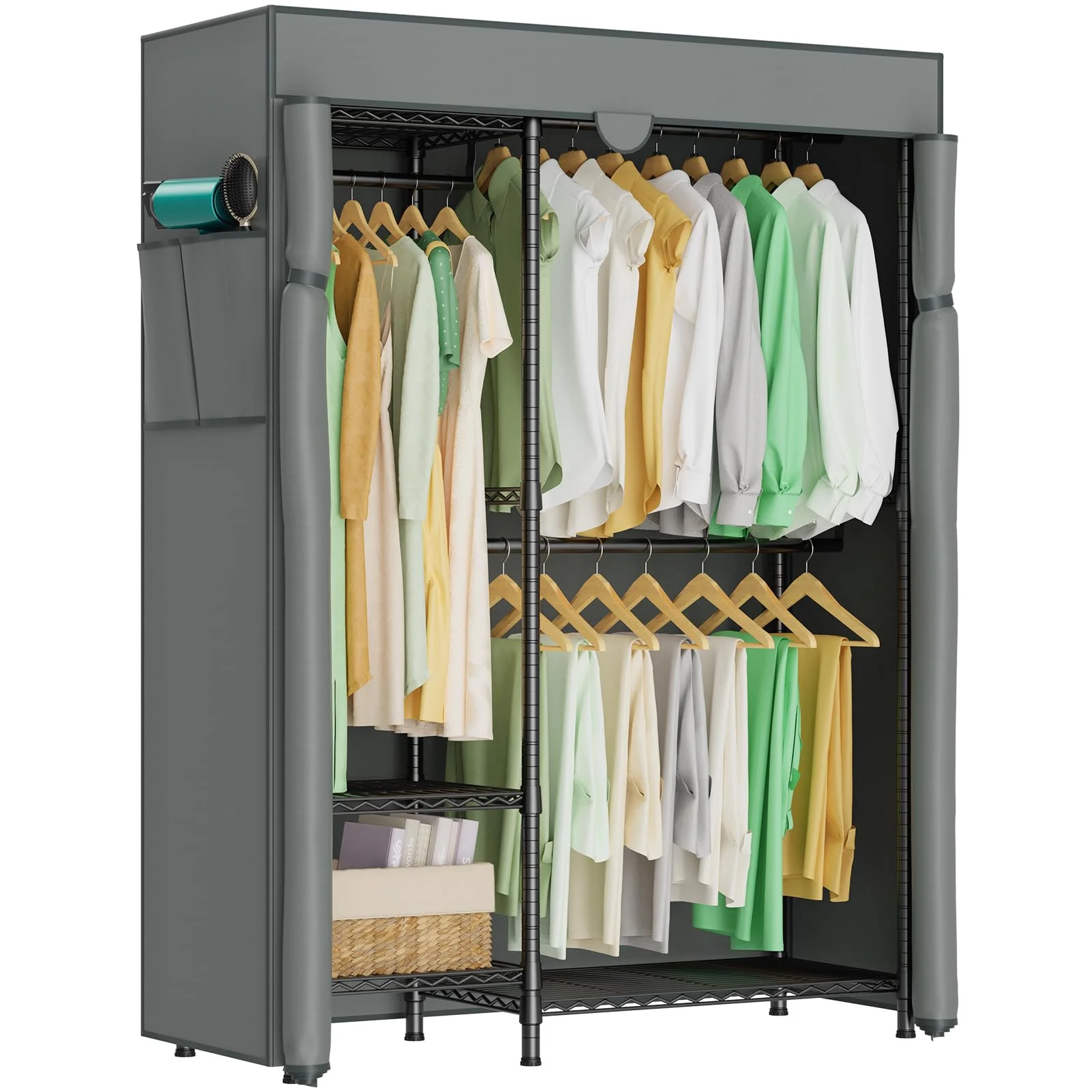 LEHOM G3C Heavy Duty Covered Clothes Rack, Garment Rack for Hanging Clothes with Shelves, Freestanding Clothing Rack with Grey Oxford Fabric Cover, Adjustable Portable Wardrobe Closet for Bedroom