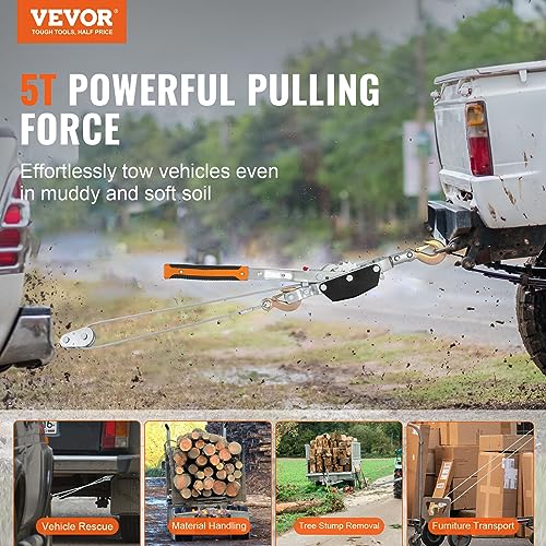VEVOR Come Along Winch, 5 Ton (11,023 lbs) Pulling Capacity, 11.5 ft Steel Cable, 3 Hooks, Heavy Duty Ratchet Power Puller Tool with Dual Gears, Automotive Hoist Cable Puller Ideal for Vehicle Rescue