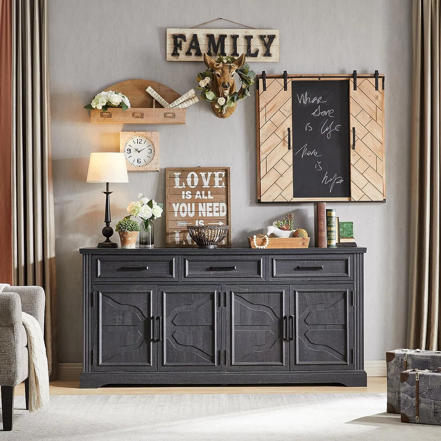 T4TREAM Farmhouse Sideboard Storage Cabinet with 3 Drawers & 4 Doors, 66'' Wide Buffet Cabinet for Dining Room, Black