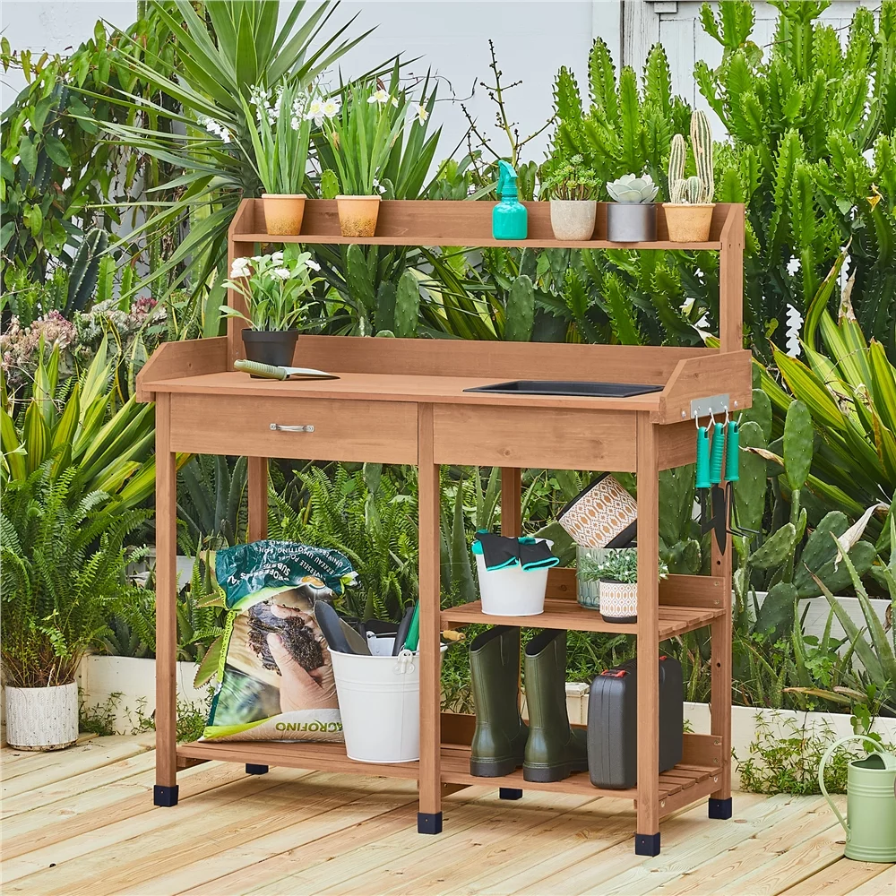Easyfashion Garden Potting Bench w/Sink Drawer Rack Shelves,Brown
