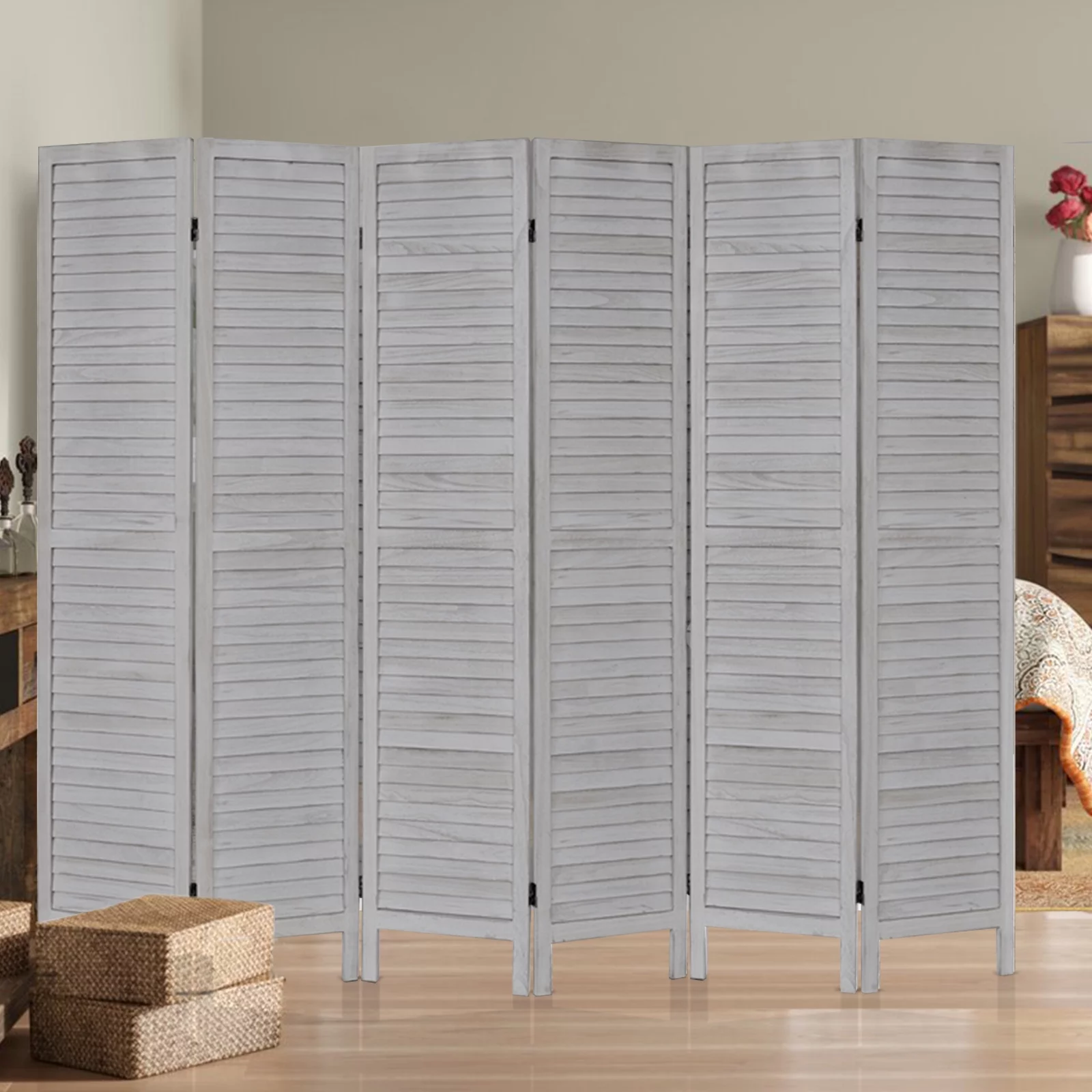 6 Panel Wood Room Divider,Freestanding Louvered Divider Screen for Office Home Bedroom,Portable Foldable Room Divider Privacy Screen 5.6Ft Tall Gray