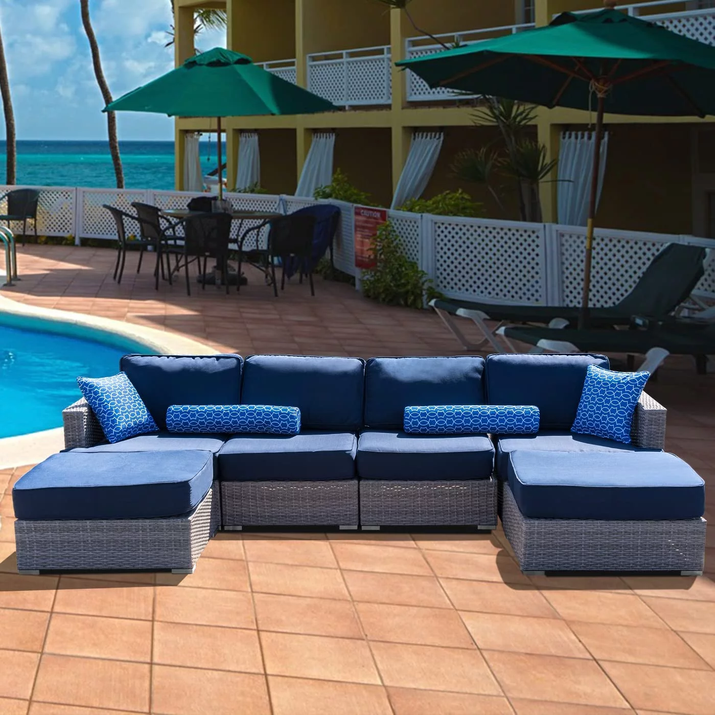 Home Beyond High-Density Polyethylene (HDPE) Wicker 6 Piece Outdoor Furniture Conversation Sofa Set | Patio Couch with Cushion and Back Rest Pillow for Balcony Backyard, Garden, Fully Assembled, UM-6