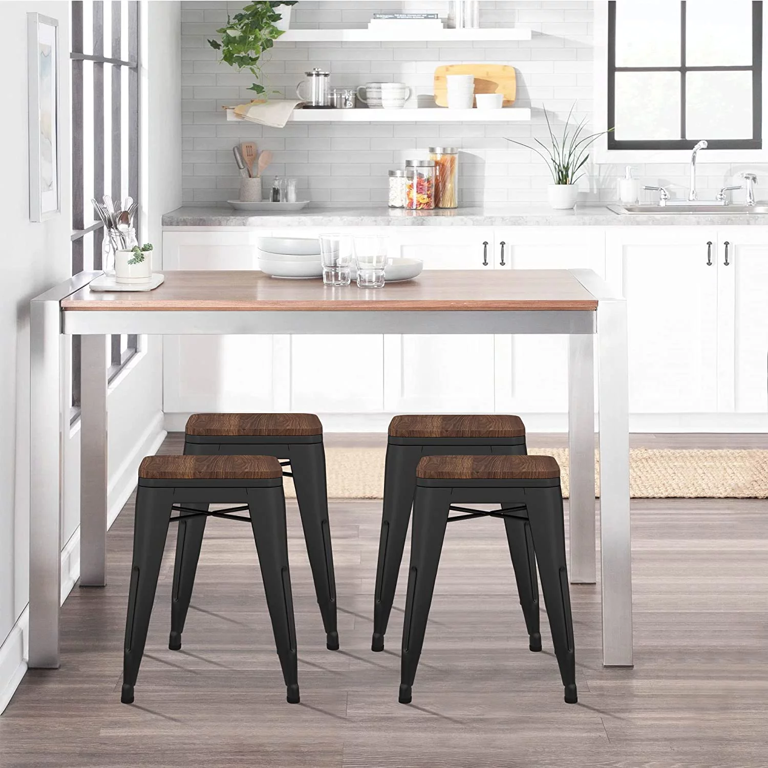 Andeworld 18 inch Stools Metal Dining Chairs Set of 4 Stackable Kids Stools Short Stools Bar Stools Classroom Stools (18 inch, Black)