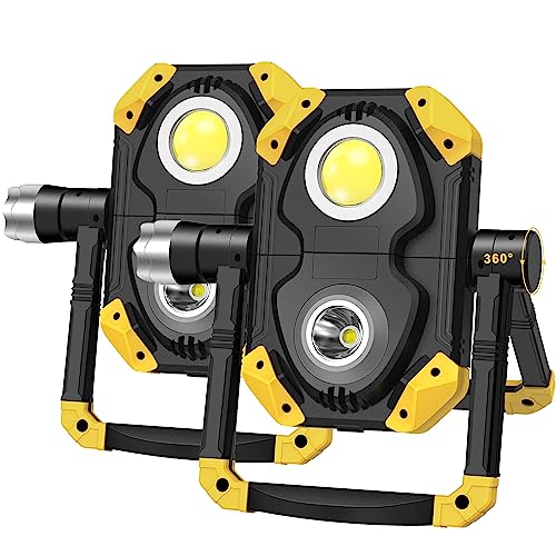 Samyoung 2 Pack Magnetic 6000 Lumen Work Light, 10 Hours Long Lasting 360°Rotating 7000K Warm Rechargeable Work Light, Folding Waterproof Led Work Light for Job Site Car Inspection Camping Emergency