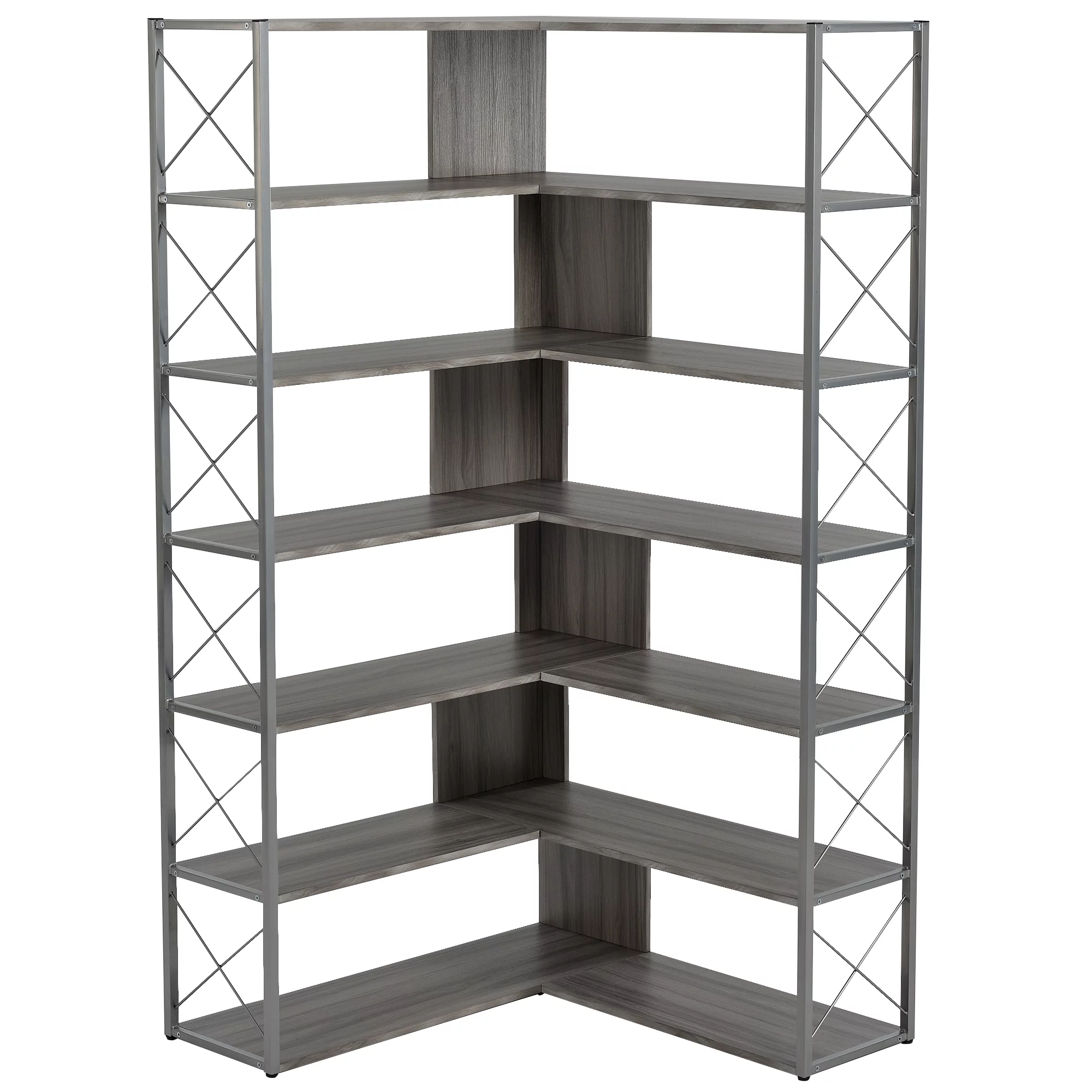 Industrial 7 Tier L-Shaped Corner Bookshelf, Large Home Office Bookcase with Metal Frame, Tall Storage Shelf Display Rack