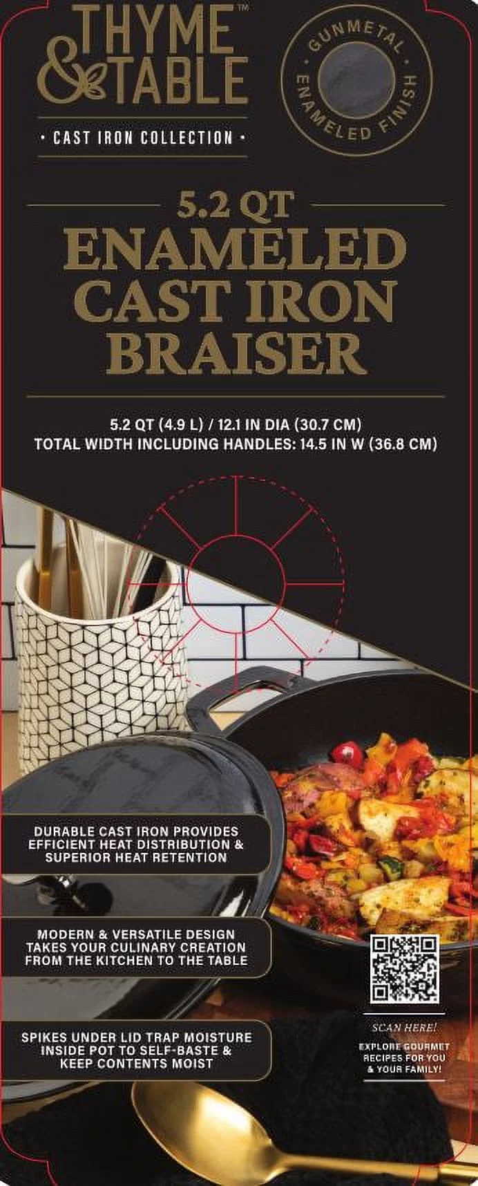 Thyme & Table 5.2 QT Enameled Cast Iron Braiser, Black