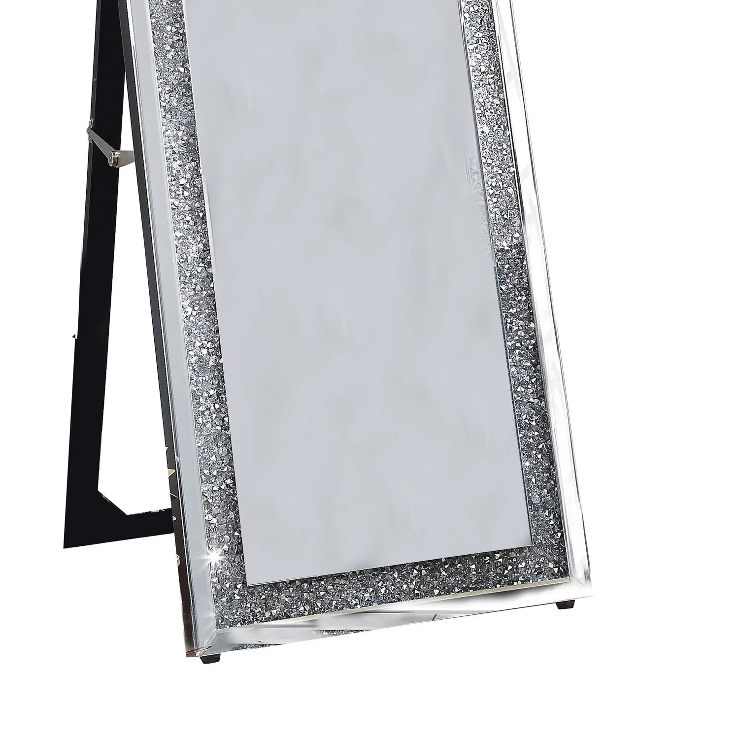 Benjara Faux Crystal Accented Wooden Framed Floor Mirror with Fold Out Back Leg Support, Clear