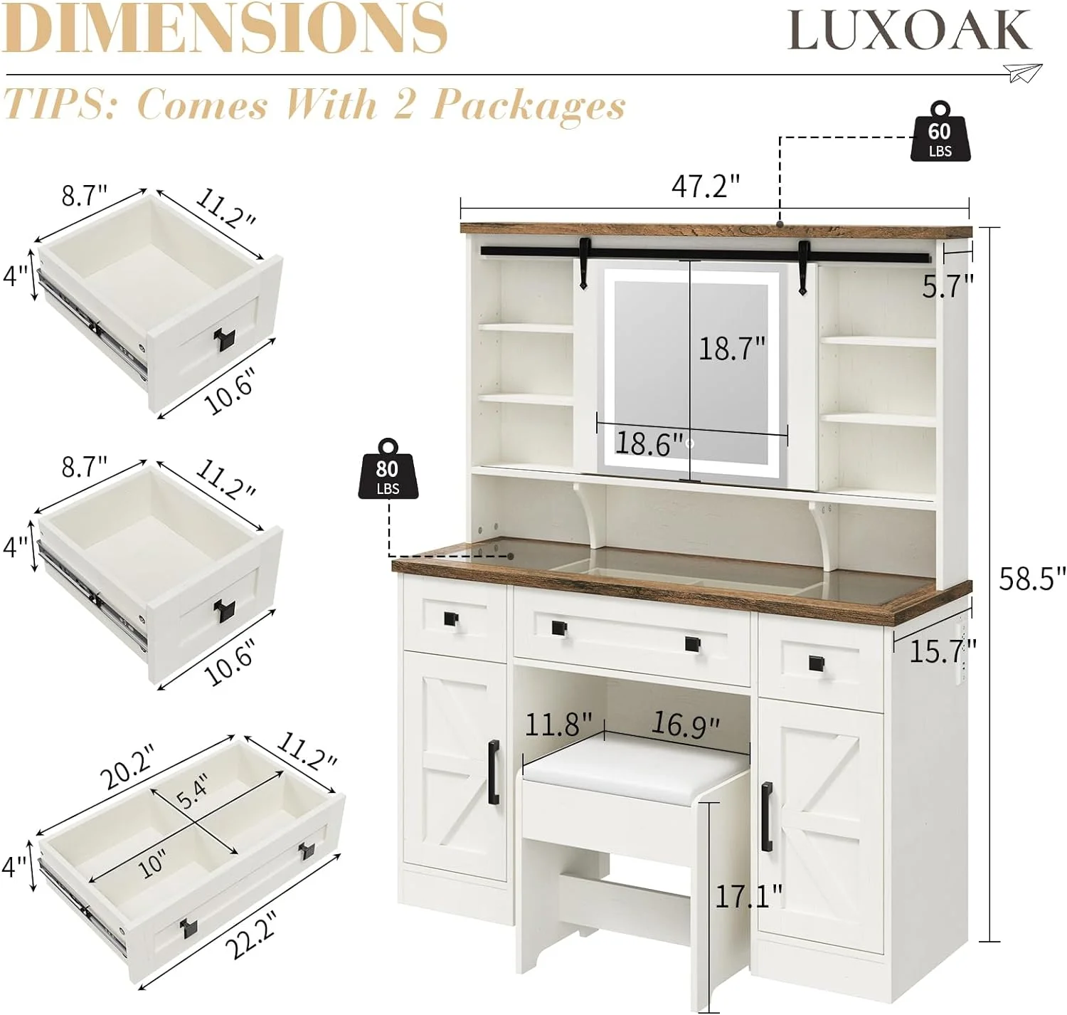 LUXOAK Farmhouse Makeup Vanity Desk with Sliding Mirror & Lights, 47'' Glass Tabletop Vanity, White