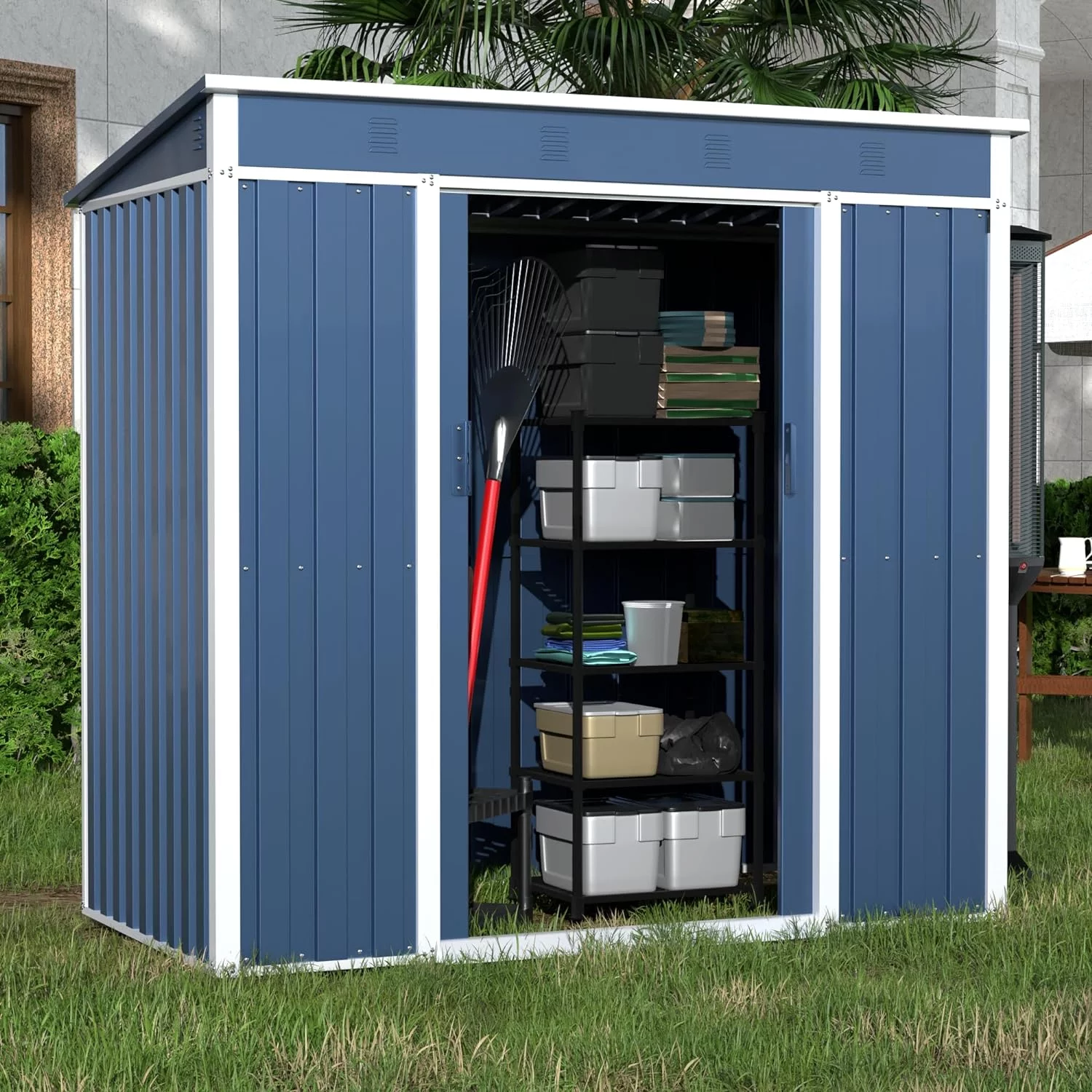 Aobabo Metal Outdoor Storage Shed, 6.3x4.1 FT Steel Utility Tool Shed Storage House with Sliding Door, Metal Sheds Outdoor Storage for Backyard Garden Patio Lawn (H6'xW6'x D4') Blue&White