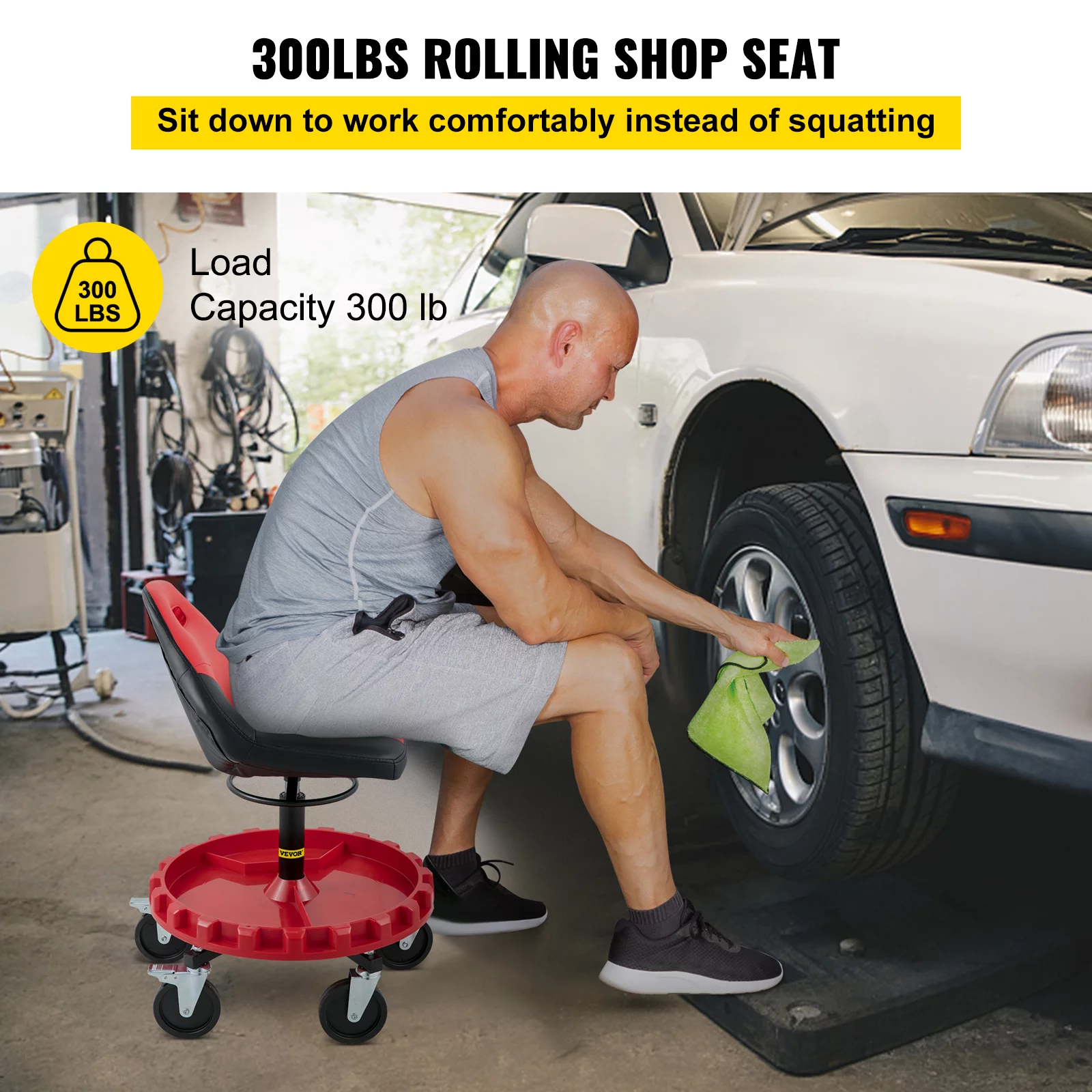 VEVOR Rolling Garage Stool, 300lbs Capacity, Adjustable Height from 21 in to 26 in, Mechanic Seat with 360-degree Swivel Wheels and Tool Tray, for Workshop, Auto Repair Shop, Red
