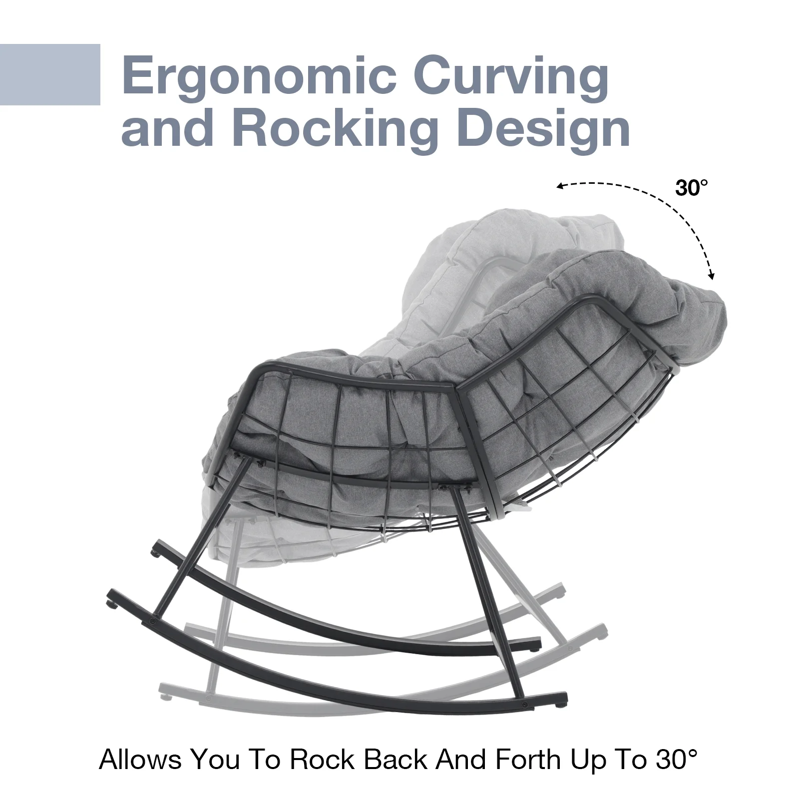 OC Orange-Casual Outdoor Rocking Chair, Indoor Comfy Reading Chairs Set with Oversized Cushion, Patio Rocker Egg Recliner Chair, Grey
