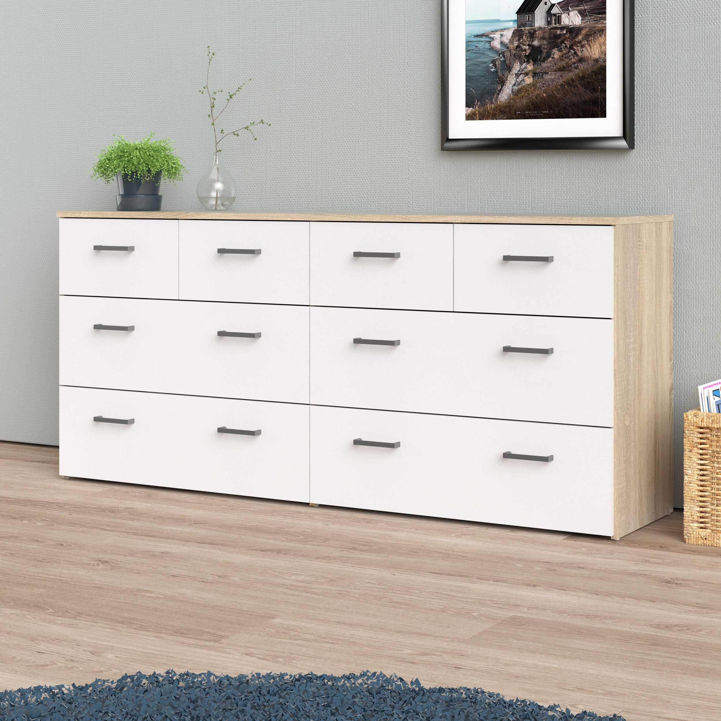 Tvilum Space Low Profile 8 Drawer Double Dresser in Oak Structure & White