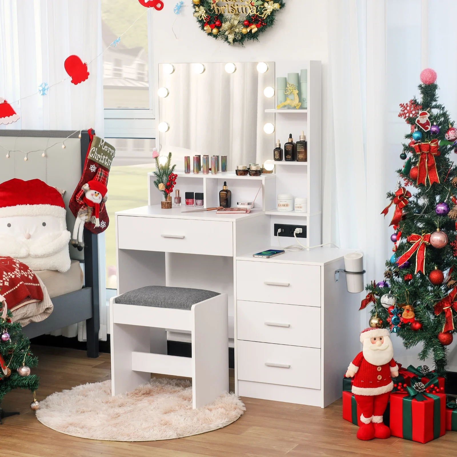 USIKEY Large Vanity Table Set with Lighted Mirror & Charging Station, Makeup Vanity Dressing Table with 4 Storage Shelves and 4 Drawers, WhiteSZT33WN