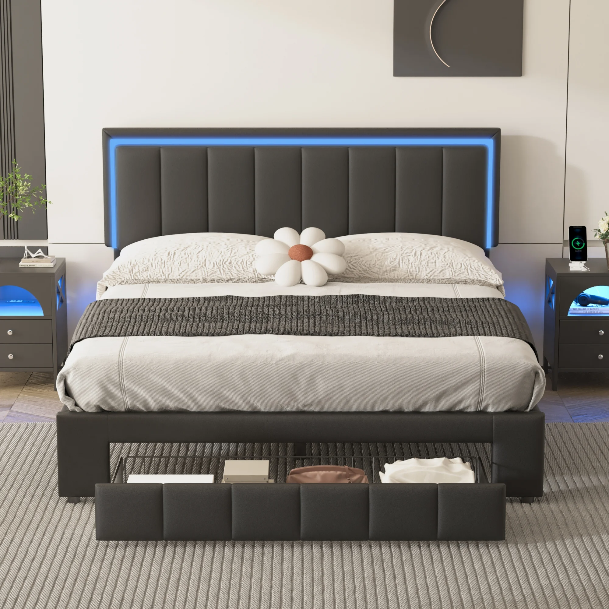 Bellemave Queen Bed with Drawers and Led Lights, Upholstered Platform Bed with Two Motion Activated Night Lights, Queen Size Storage Bed for Bedroom Guestroom, Black