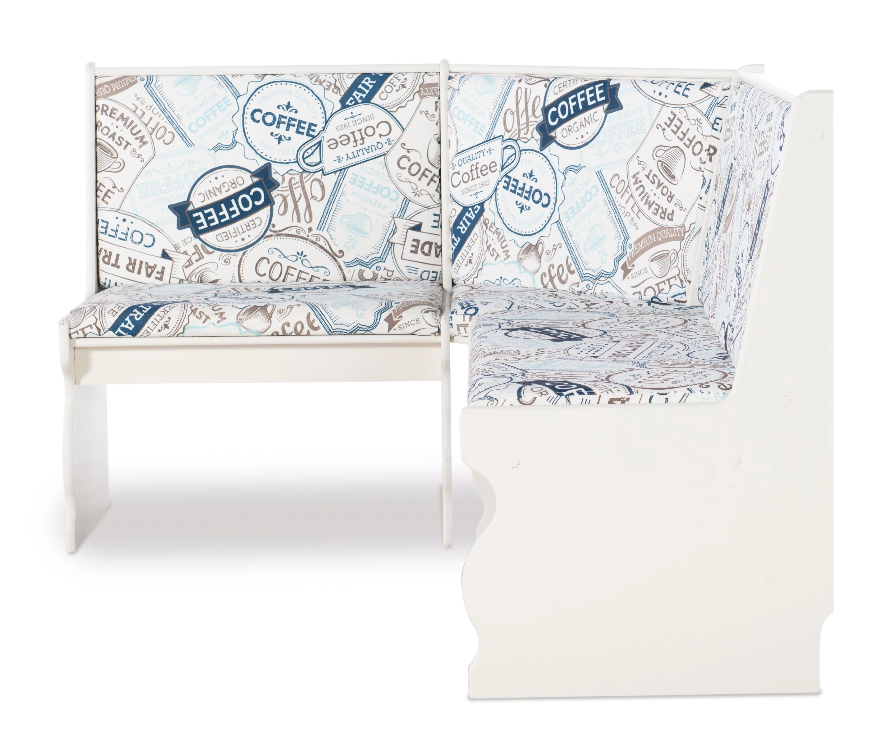 Linon Weston Corner Dining Breakfast Nook with Table and Bench, Seats 5-6, White Finish with Coffee Patterned Fabric