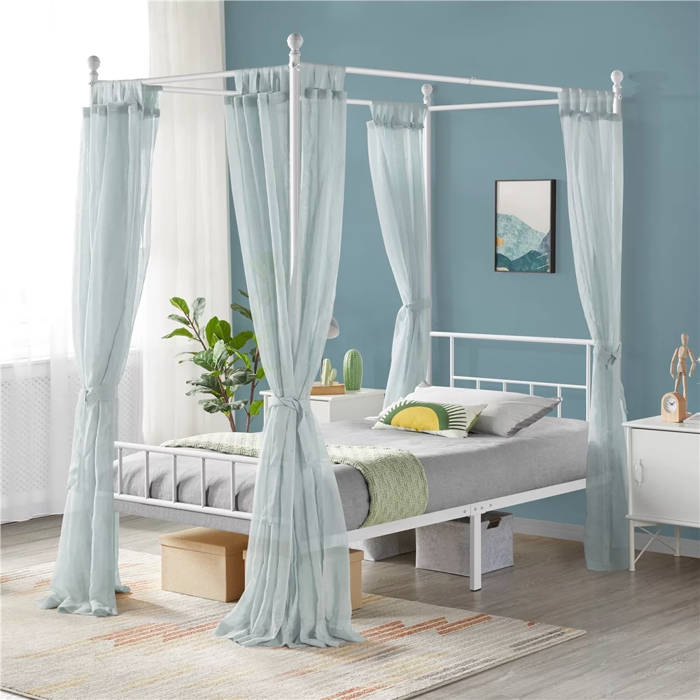 Easyfashion Juno Metal Canopy Bed Frame Four Poster Bed with Headboard and Footboard, White, Twin